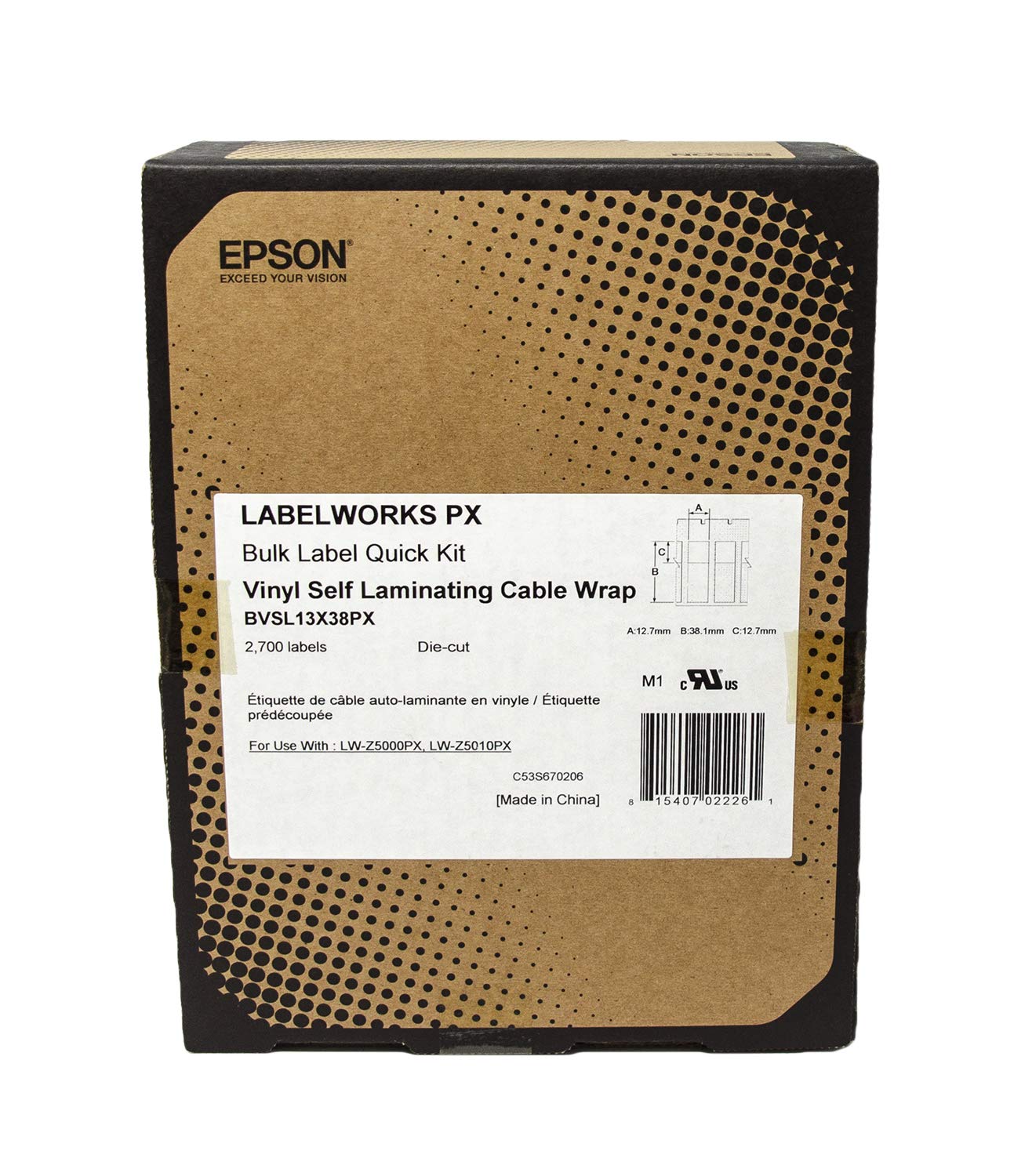 Epson LABELWORKS PX BVSL13X38PX Bulk Die Cut Self-Laminating Overwrap Vinyl Tape - Black on White, Durable & Flexible Industrial Label Maker Tape - 0.5
