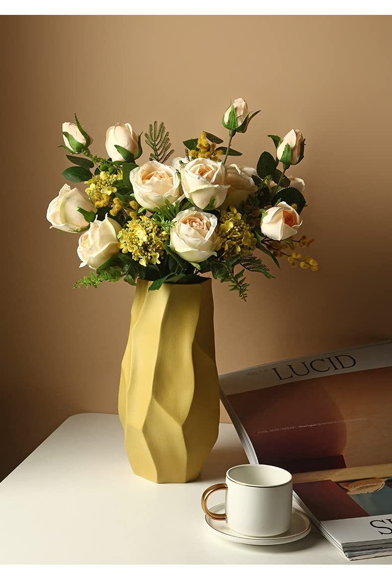 Handmade Pleated Ceramic Vase - 12 Inch Yellow Geometric Home Decor for Flower Arrangements | Perfect for Living Room, Dining Table & Wedding Centerpieces