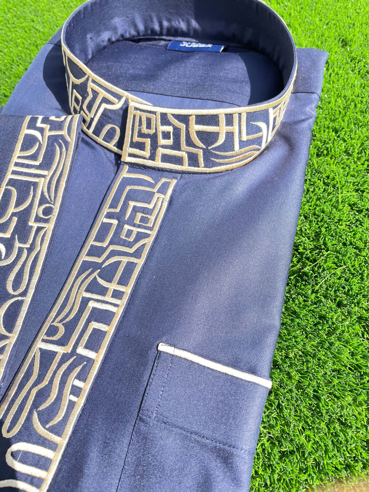 Premium Men's Blue Saudi Thobe with Gold Embroidery - Traditional Arabic Islamic Robe for Eid, Wedding & Special Occasions