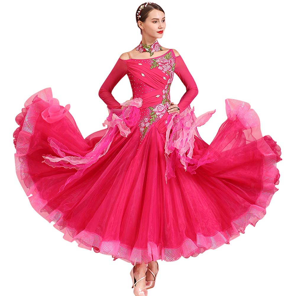 Elegant YUMEIREN Rose Ballroom Dance Dress for Women - Modern Flamenco & Waltz Dress, Standard Practice Wear & Competition Costume - Perfect for Latin, Salsa, Tango & Social Dance Events