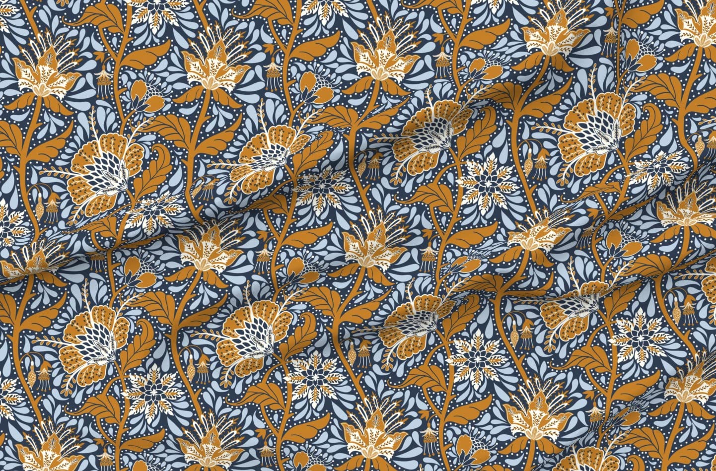 Victorian Style Vintage Floral Printed Minky Fabric by The Yard - Sky Blue Mustard Dark India Inspired Design for Sewing Baby Blankets, Quilt Backing & Plush Projects - Soft & Cozy DIY Craft Material for Nursery Decor, Home Decor & Gift Making