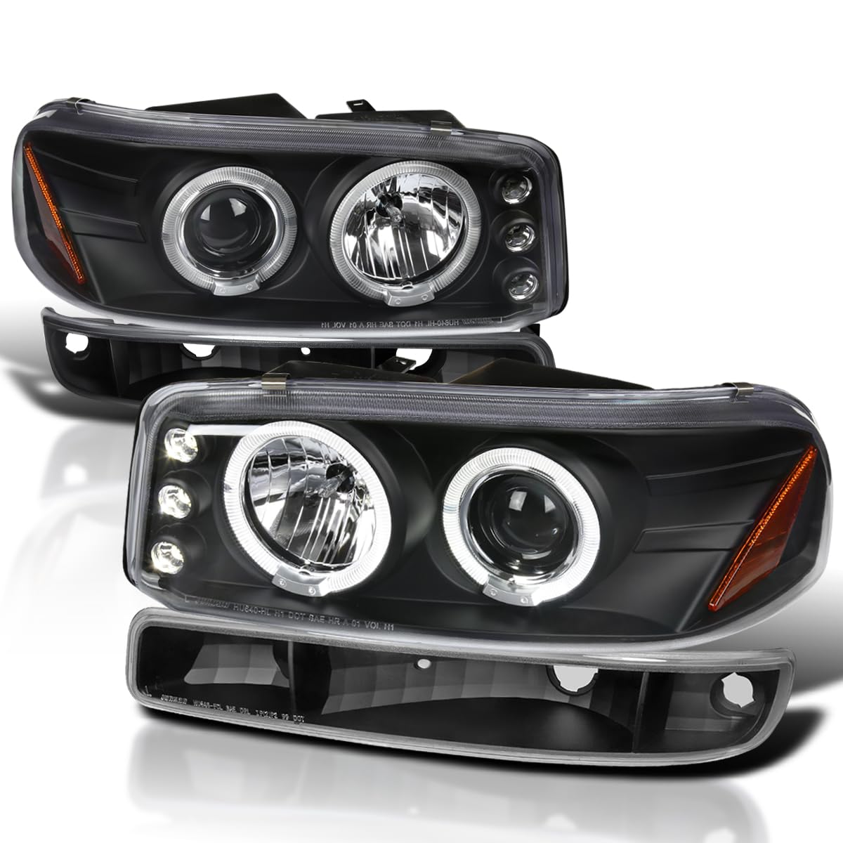 Spec-D Tuning Black Housing Clear Lens LED Halo Projector Headlights with Bumper Lights - Compatible with 1999-2006 GMC Sierra 1500/2500/3500 - Left & Right Pair Headlight Assembly - Upgrade for Night Driving & Off-Road Adventures