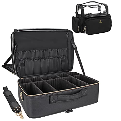 Extra Large Waterproof Leather Makeup Bag for Professional Artists & Travel - Black with Black Brush Case - Perfect for Makeup Kits, Train Cases & Cosmetic Brush Organization