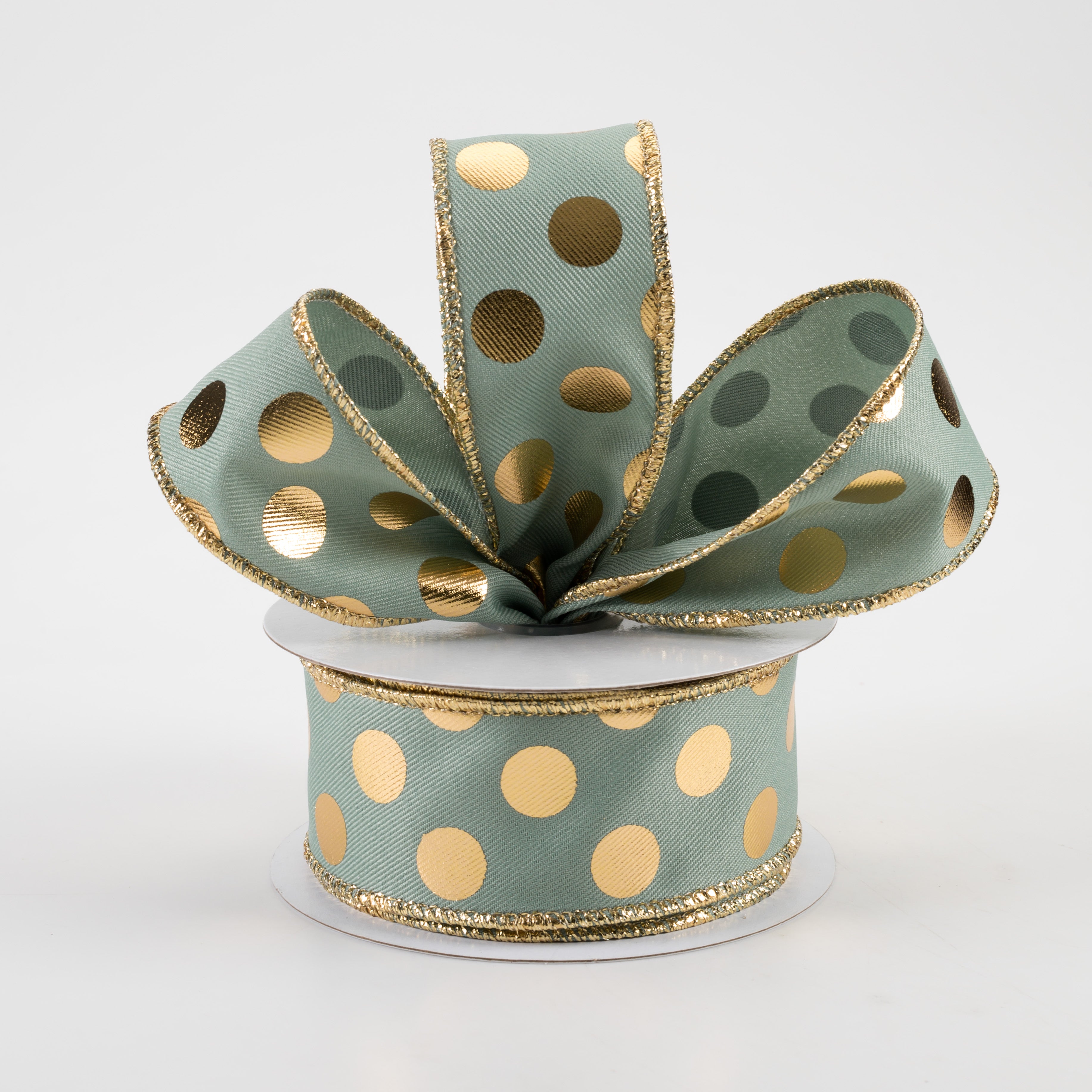 1.5 Inch Metallic Polka Dot Ribbon - Sage Green & Gold Decorative Ribbon (10 Yards) for Gift Wrapping, Crafts, Wedding Decorations and DIY Projects