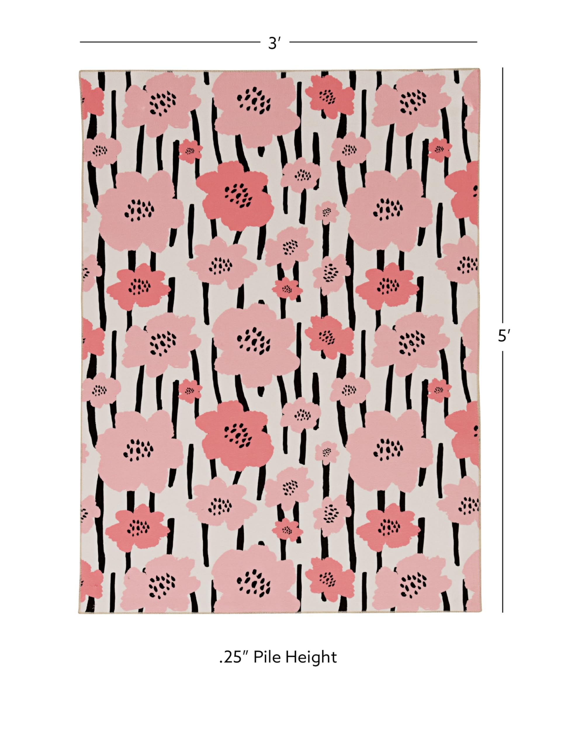 Minley Washable Rug 3' x 5' - Ivory & Pink Soft Accent Carpet for Living Room, Bedroom, Nursery | Stain-Resistant & Machine Washable Indoor Area Rug