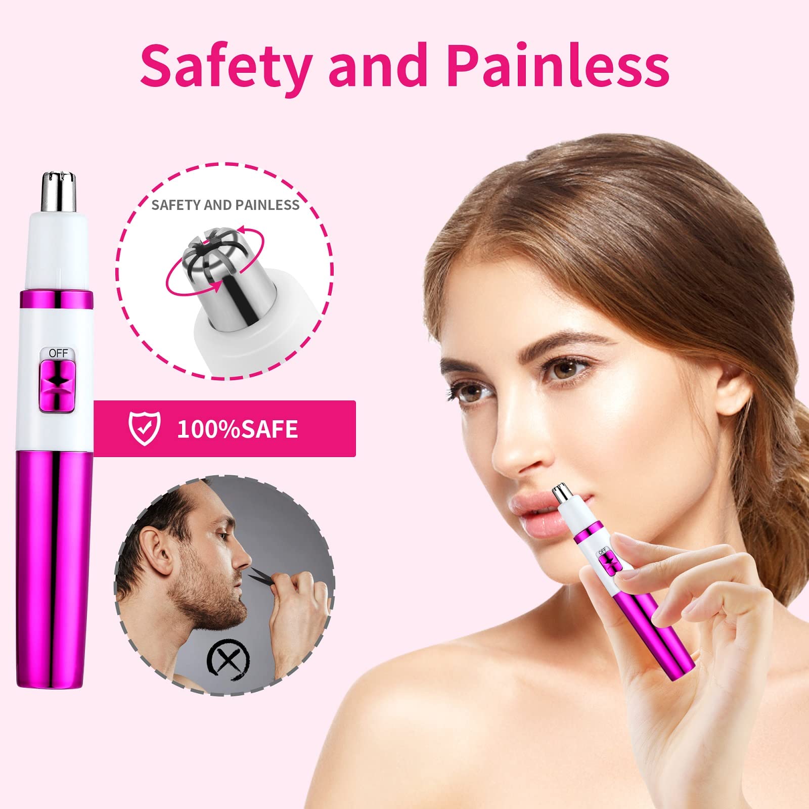 Professional Painless Nose & Ear Hair Trimmer for Women - Battery Operated Waterproof Eyebrow & Facial Hair Clipper with Dual Edge Blades for Easy Cleaning - Perfect for Travel, Home Use & Personal Grooming