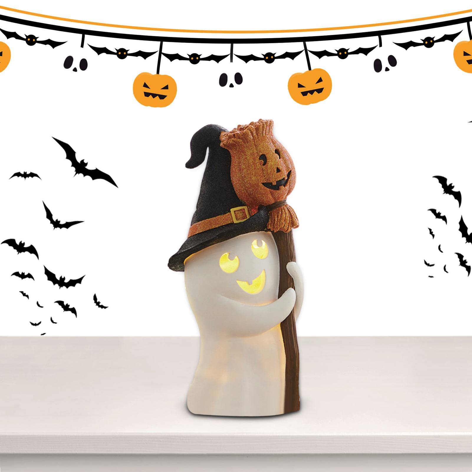 Halloween Resin Broom Decor - Ghost & Pumpkin Broomstick Ornament for Haunted House, Table Art & Party Miniatures | Perfect for Halloween Parties, Home Decor & Spooky Gift Giving (Ghost Broom Style)