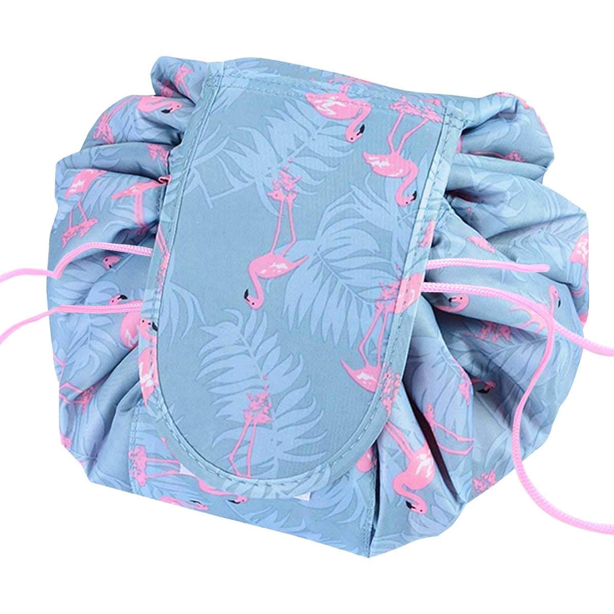 VALAMJI Large Waterproof Drawstring Cosmetic Bag - Travel Makeup Organizer & Toiletry Pouch with Lazy Design (Grey Flamingo) - Perfect for Gym, Beach Trips & Daily Essentials Storage