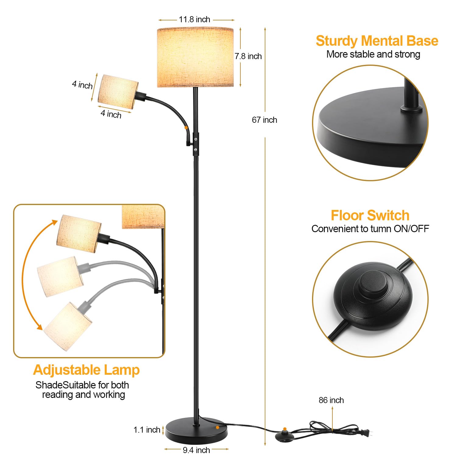 OTREN Modern Floor Lamp with 9W E27 Bulb & 4W Reading Light, Adjustable Linen Shade & Foot Switch - Perfect for Living Room, Bedroom, Dining Room - Ideal for Reading, Relaxing & Ambient Lighting
