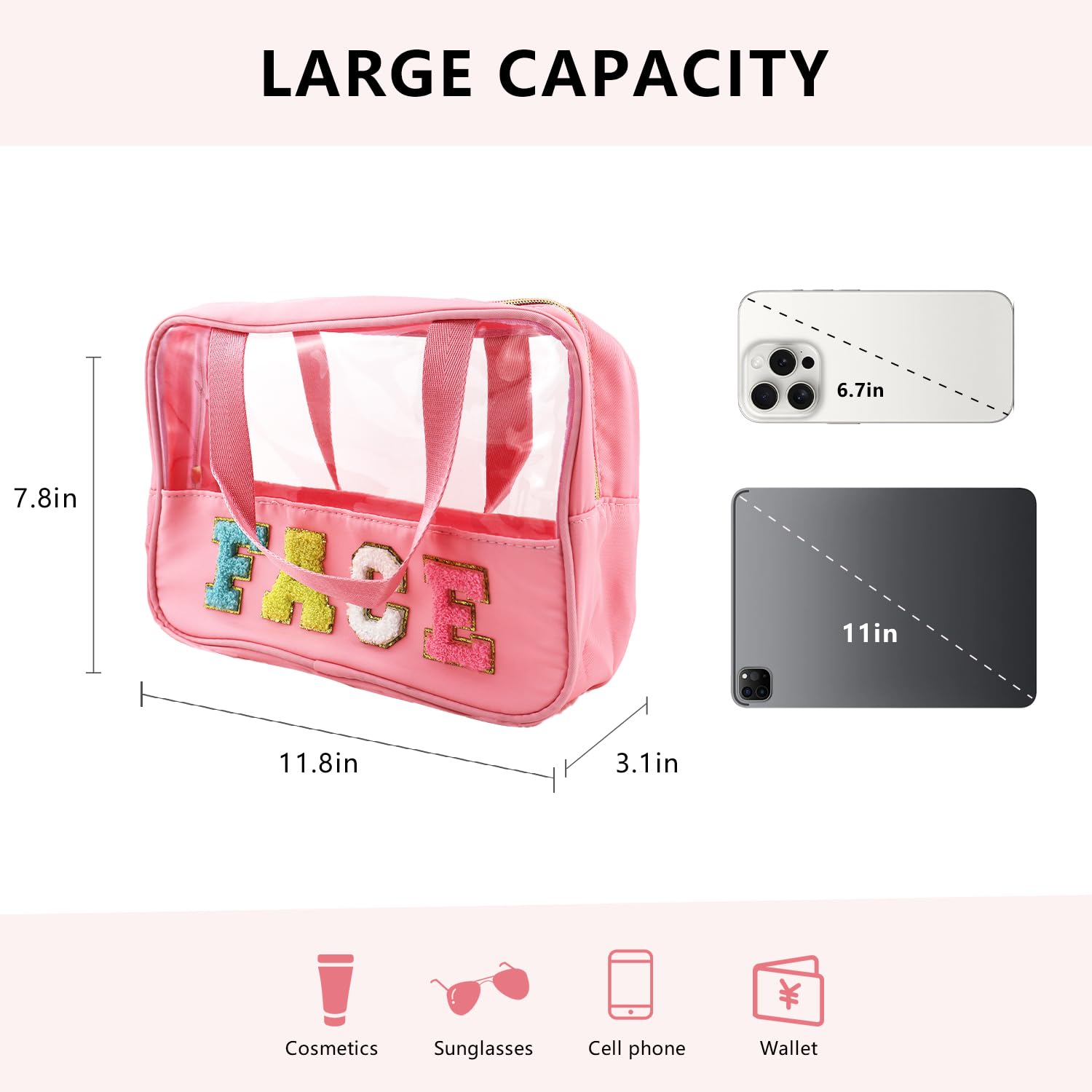 Clear Letter Patch Makeup Bag - Pink Preppy Travel Toiletry Organizer with Handle | Waterproof Cosmetic & Beach Storage Pouch | Large Snacks Bag for Women & Girls (Face Letter) | Perfect for Travel, Gym, Beach Trips & Daily Essentials Organization