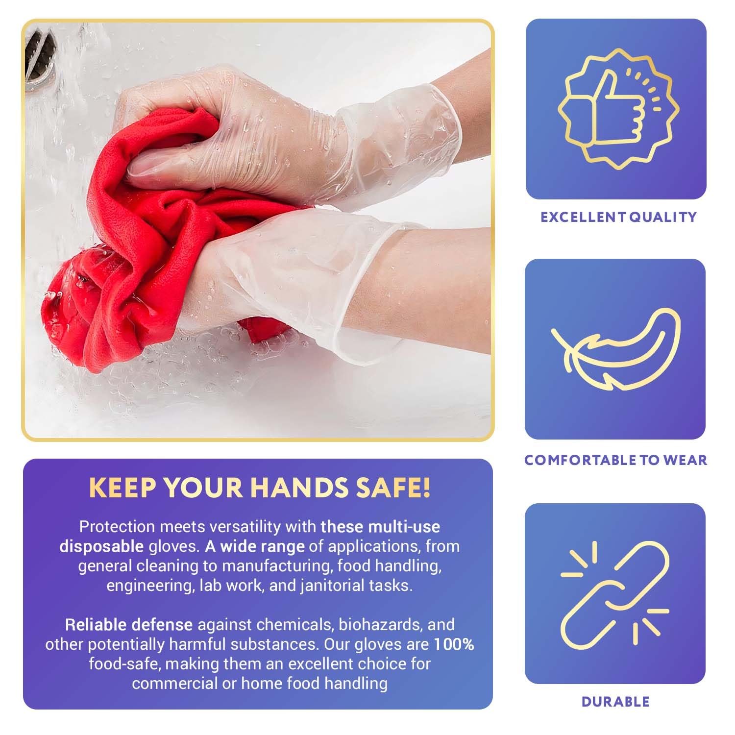 APQ Disposable Vinyl Gloves - 100 Pack, Powder-Free, Latex-Free, Food Safe - Ideal for Cooking, Cleaning, Kitchen Use, Food Handling & Household Chores