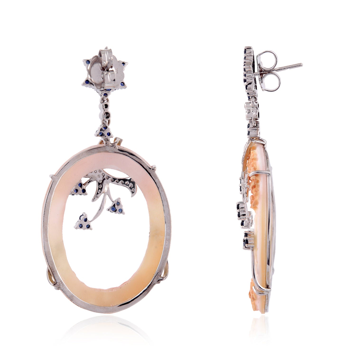 Exquisite Hand-Carved Oval Blue Sapphire & Diamond Floral Dangle Earrings in 14K White Gold | Elegant Bridal Jewelry & Evening Wear Accessories