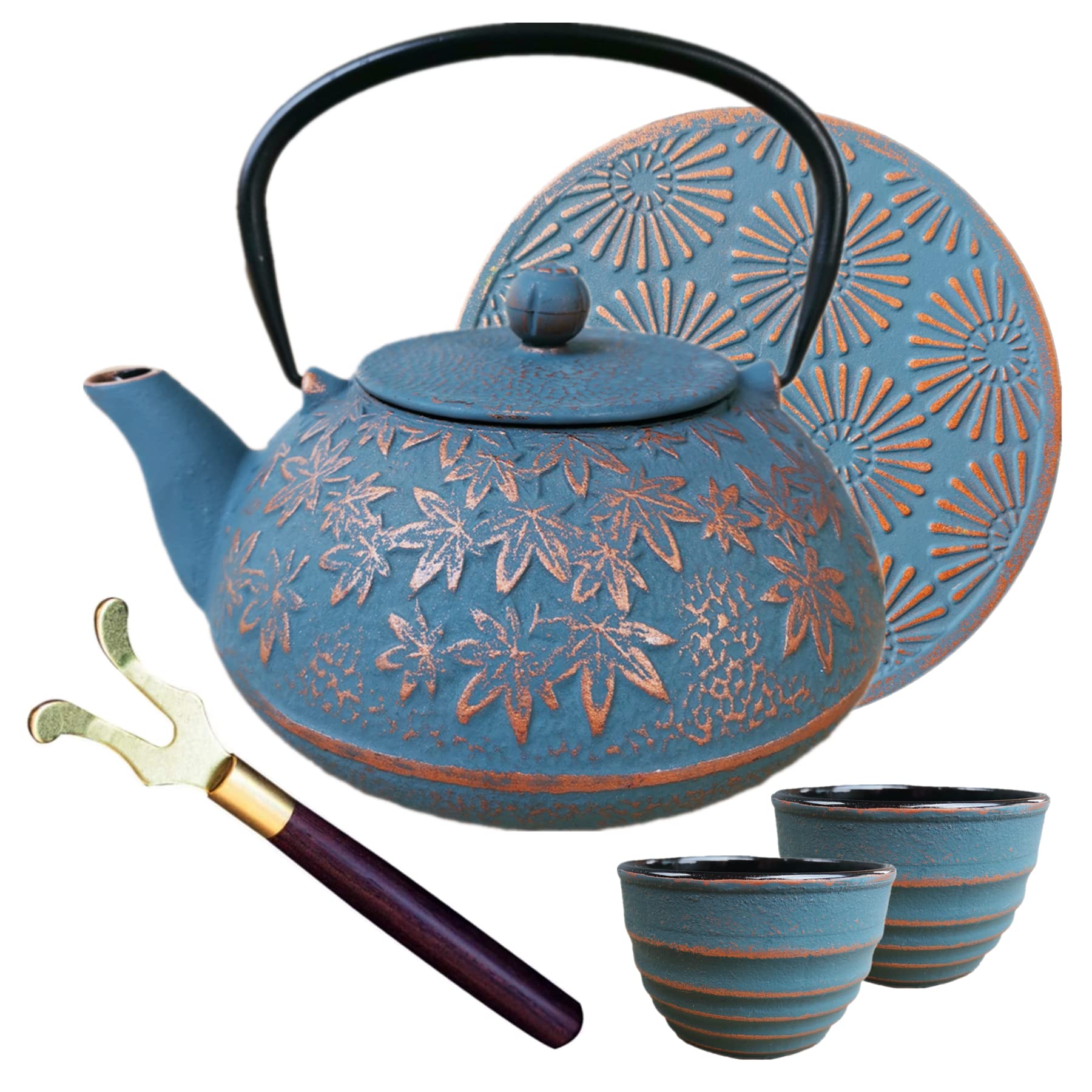 Premium 40 oz Japanese Cast Iron Teapot Set with Stainless Steel Infuser & Trivet - Traditional Asian Loose Leaf Tea Kettle with 2 Matching Cups (Blue) - Perfect for Home Tea Ceremonies, Gift Giving & Relaxing Afternoons