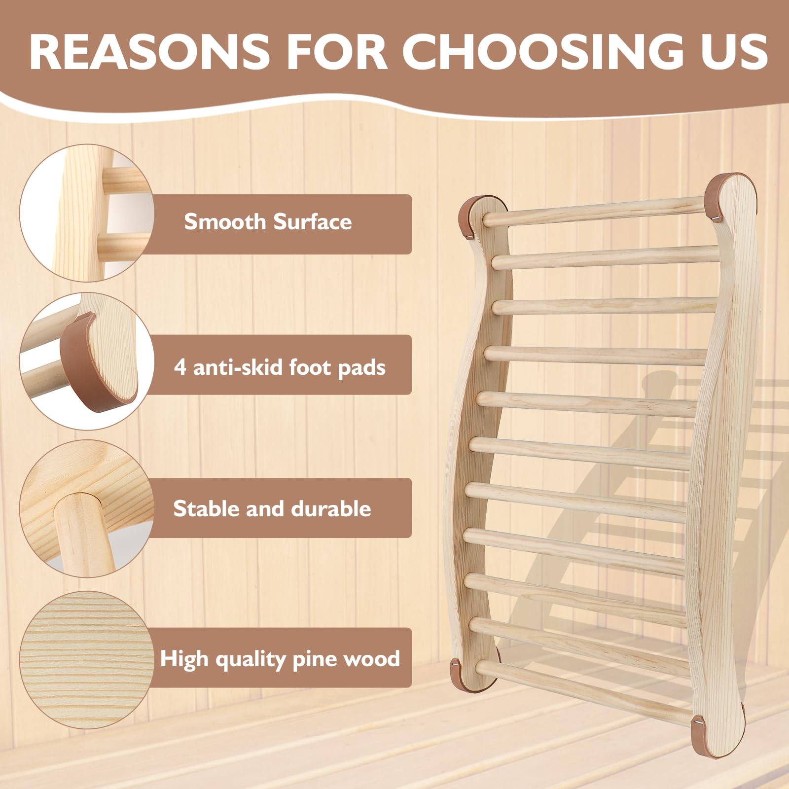 2 Pack Wooden Sauna Backrest - Non-Toxic, Slip-Resistant S-Shaped Design Sauna Chair with Back Support - Perfect Accessory for Barrel & Infrared Saunas - Relaxation & Comfort in Home Spa Sessions