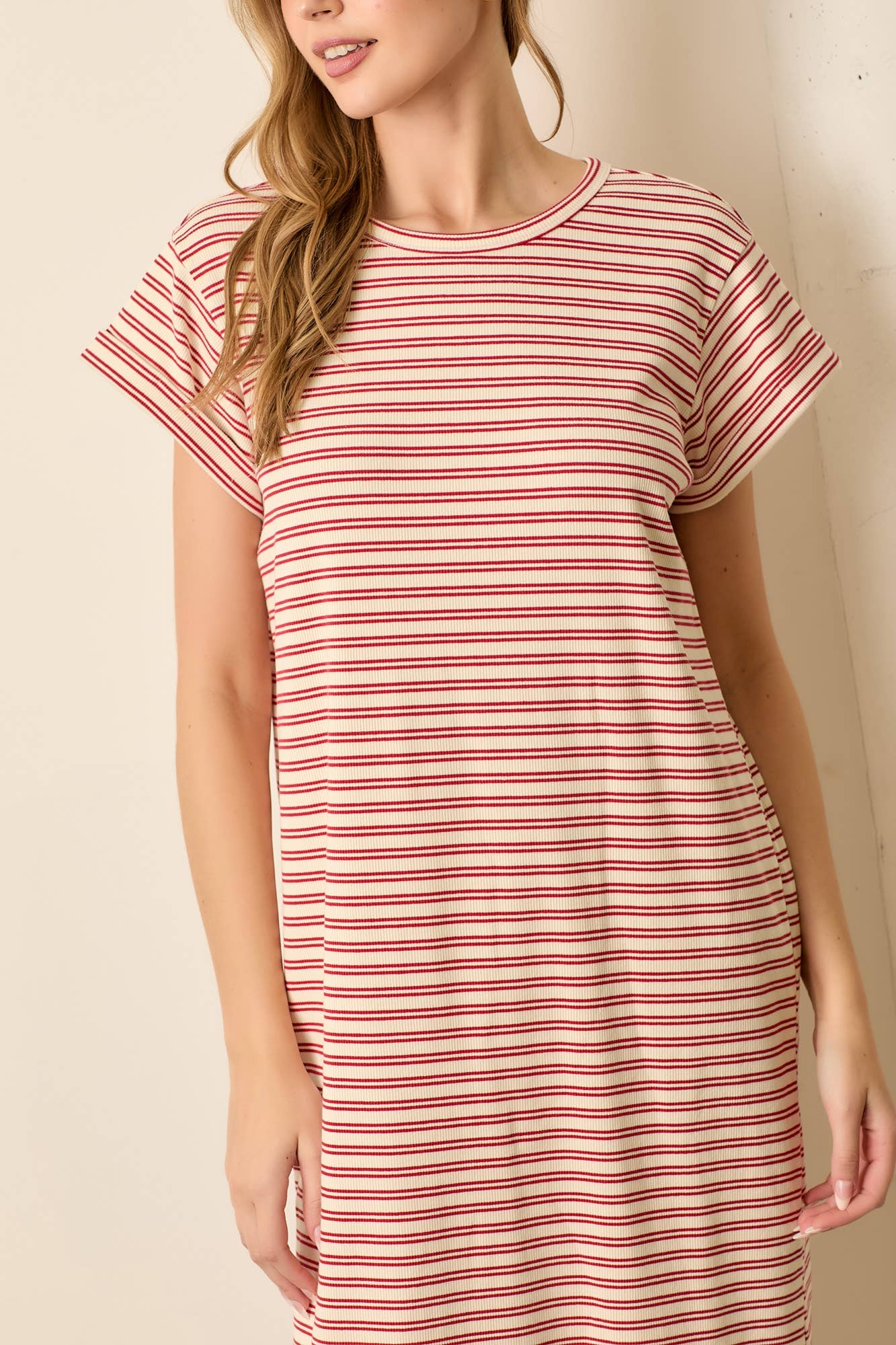 Women's Striped Maxi T-Shirt Dress in Cream & Red - Casual Summer Beach Dress for Outings, Vacations, and Relaxing
