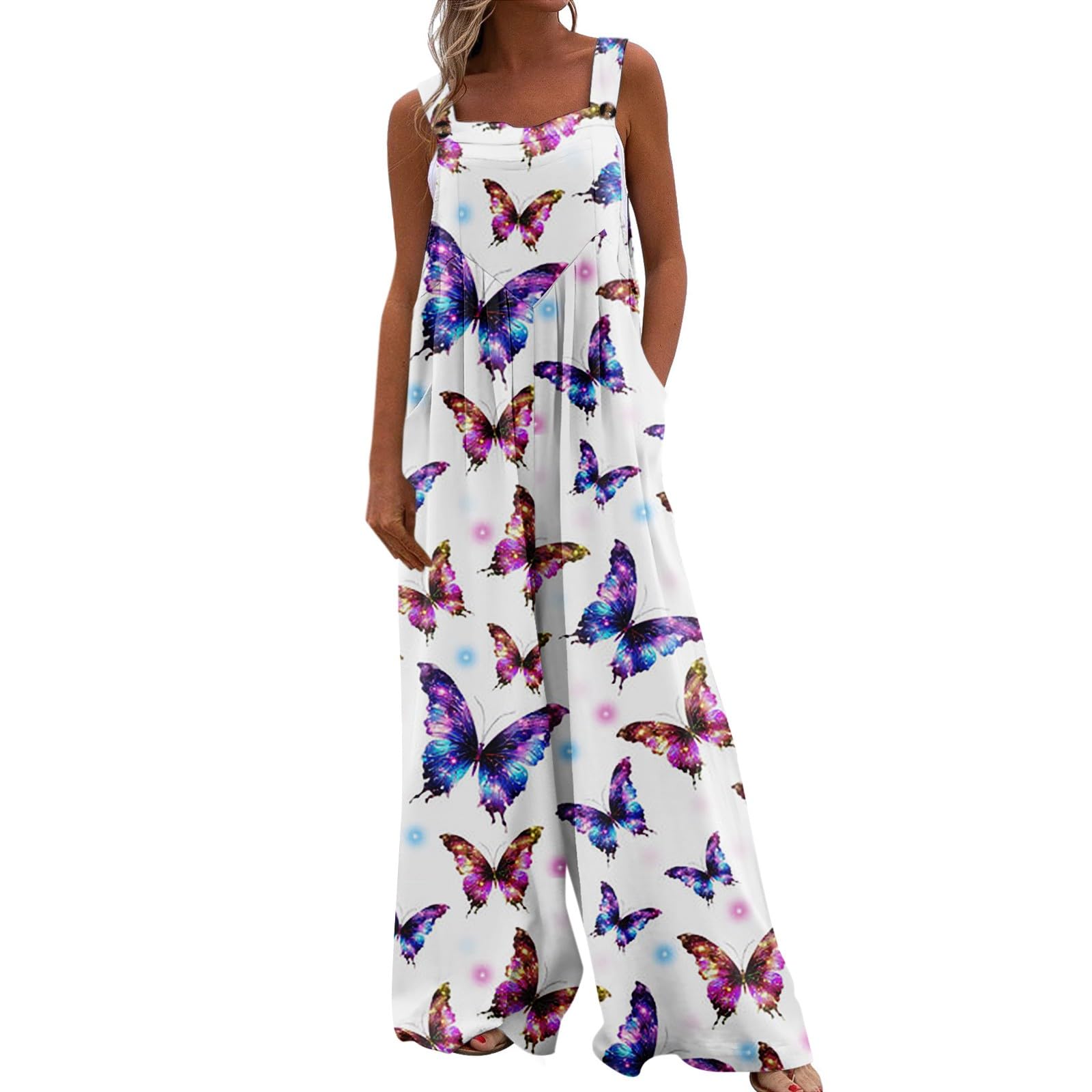 WANZZXCSL Women's Casual Print Wide Leg Jumpsuit - Sleeveless Romper with Loose Straps & Pockets | Perfect for Summer Outfits, Beach Wear & Casual Outings