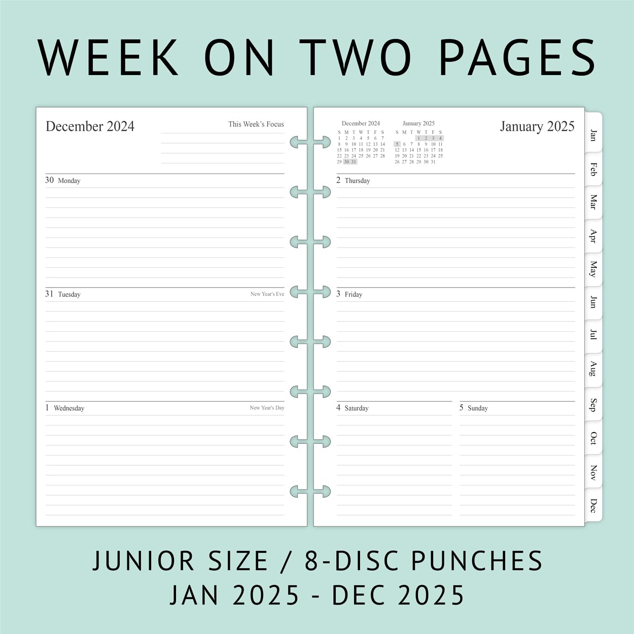 2025 Weekly & Monthly Planner Refill for 8-Discbound Planners - 2 Pages Per Week, Junior Size 5.5
