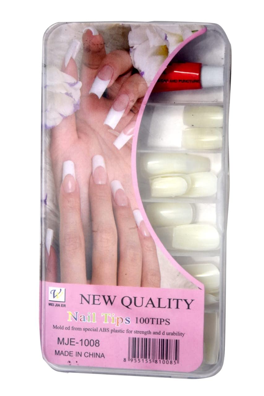 100 Pcs False Nails Full Cover Long Artificial Nails with Glue - White French Tip Press on Nails for Women, Reusable Fake Nails for Party, Wedding, Daily Wear & Special Occasions