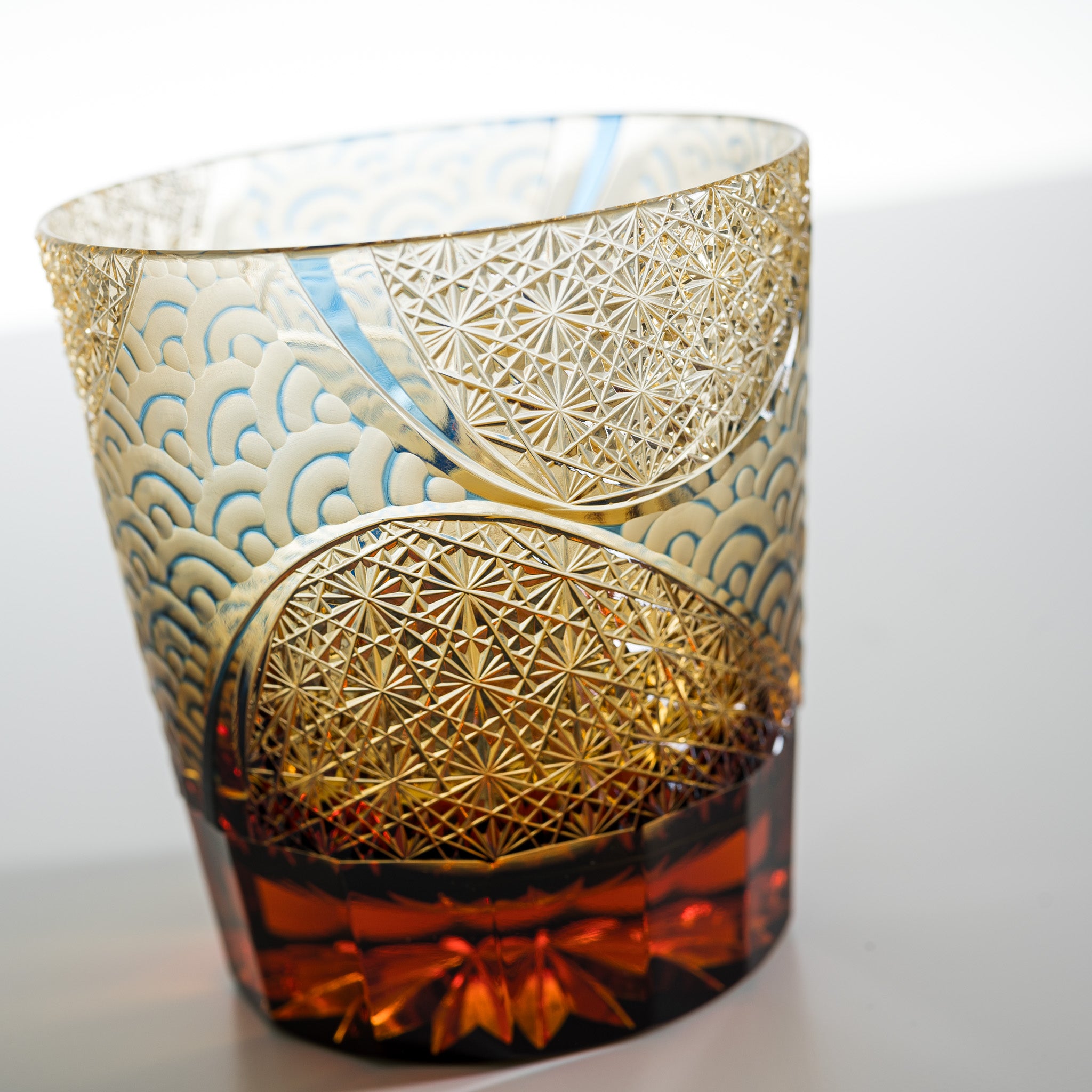 Yamada Crystal Glass Rock Glass - Amber Blue Wave Design - Premium Whiskey Tumbler for Home Bar, Cocktail Party & Gifts