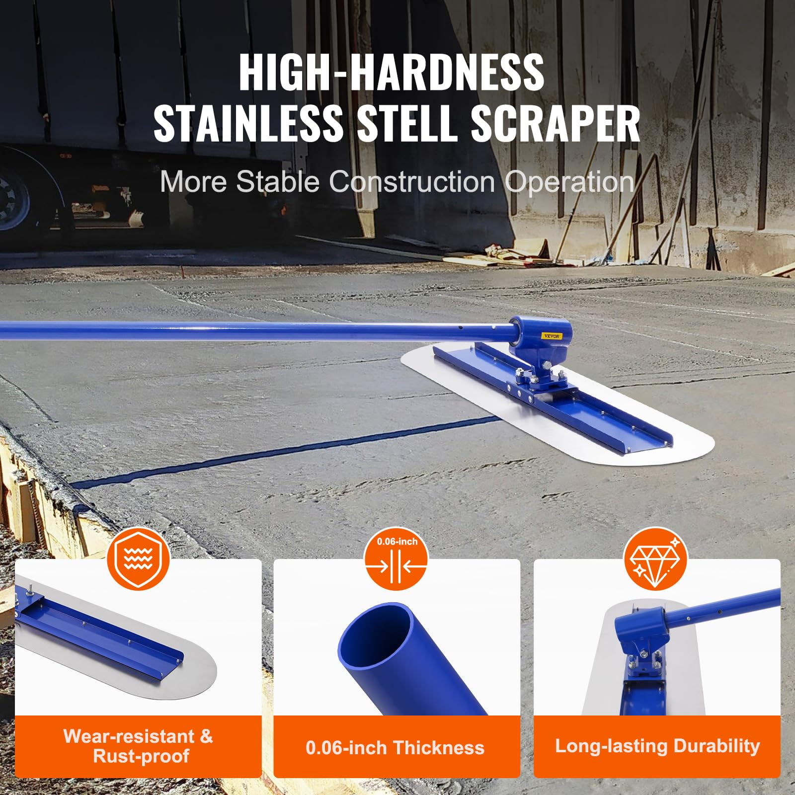 VEVOR 47x11.8 Inch Manganese Steel Bull Float - Professional Concrete Finishing Tool for Driveways, Patios & Pool Decks - Includes Float Handle & Bracket - Durable Cement Smoothing Kit for Construction Projects