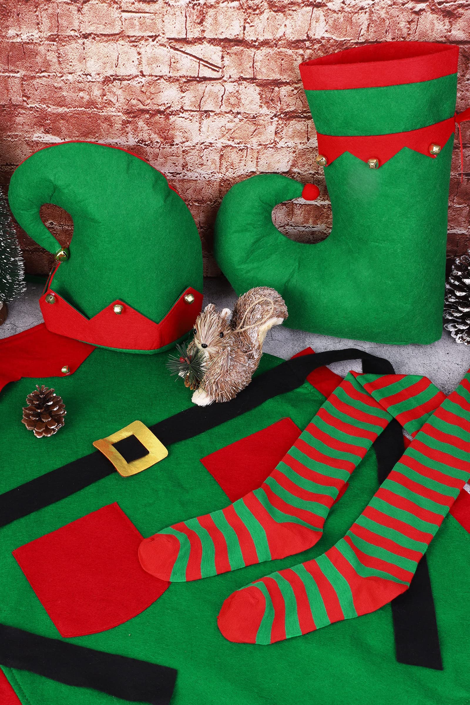 Hiwooii Christmas Adult Elf Costume Set - Santa's Helper Outfit with Apron, Hat, Jingle Bells, Shoes & Stockings | Perfect for Holiday Parties, Cosplay & Festive Events