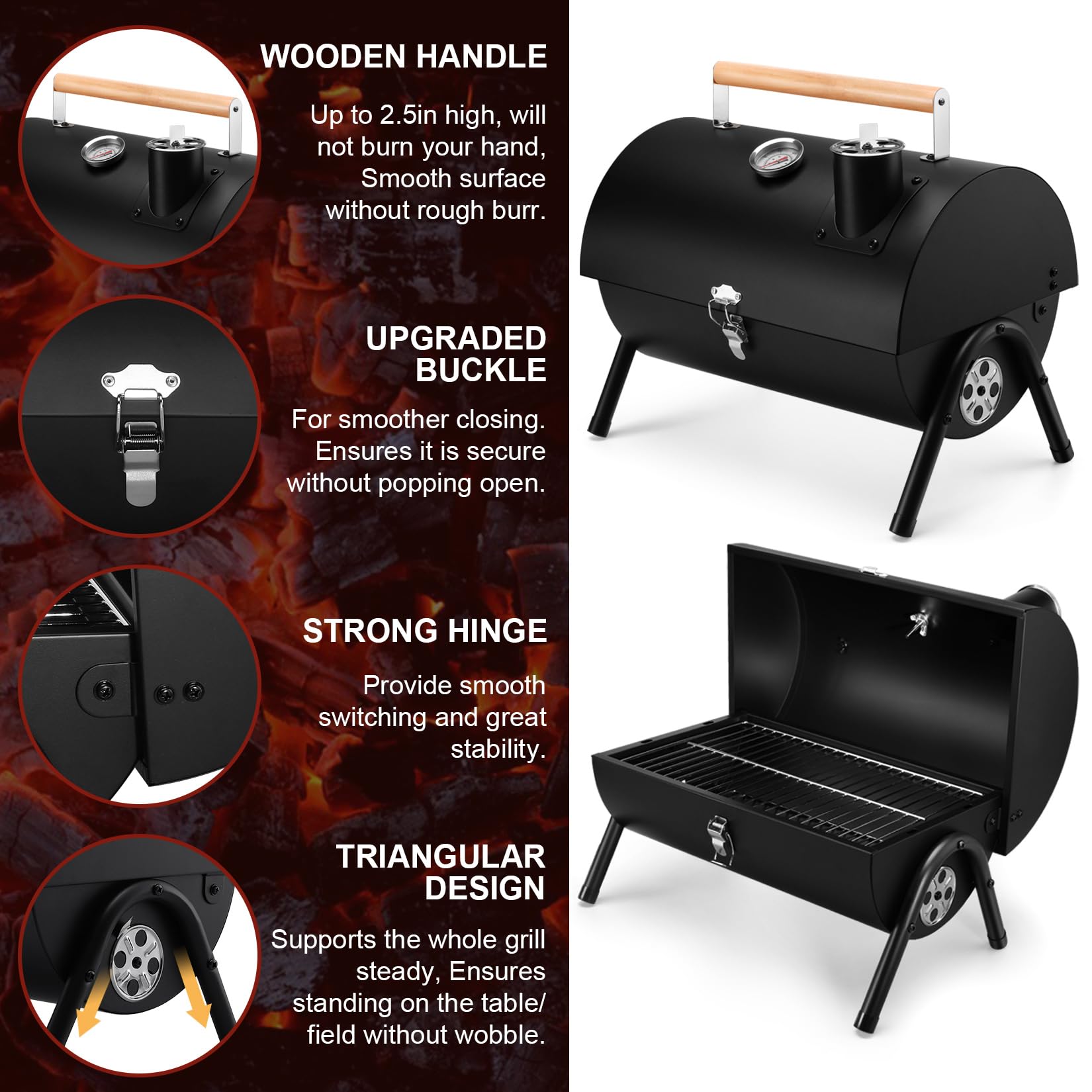Joyfair Portable Charcoal Grill with Built-in Thermometer - Heavy Duty Stainless Steel Tabletop BBQ Grill for Outdoor Camping, Backyard Parties, Picnics & Tailgating - Easy Assembly & Innovative Design - Perfect for Grilling Burgers, Steaks, Vegetables & Seafood