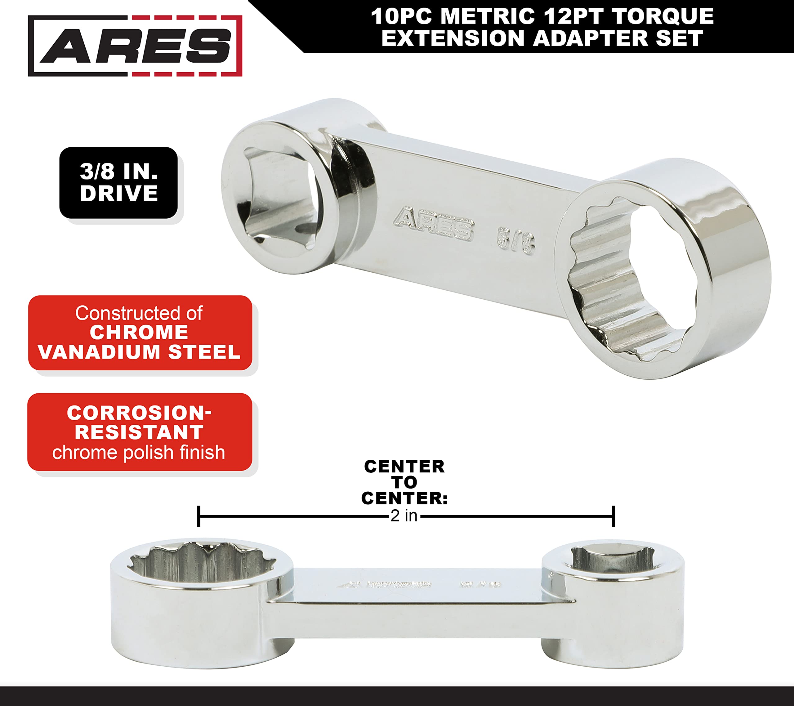 ARES 43036 10-Piece Metric 12-Point Box End Torque Adapter Extension Set - 3/8-Inch Drive Chrome Vanadium Steel Wrench Set with EVA Foam Tray - Perfect for Automotive Repair, Machinery Maintenance and Tightening Bolts in Hard-to-Reach Spaces