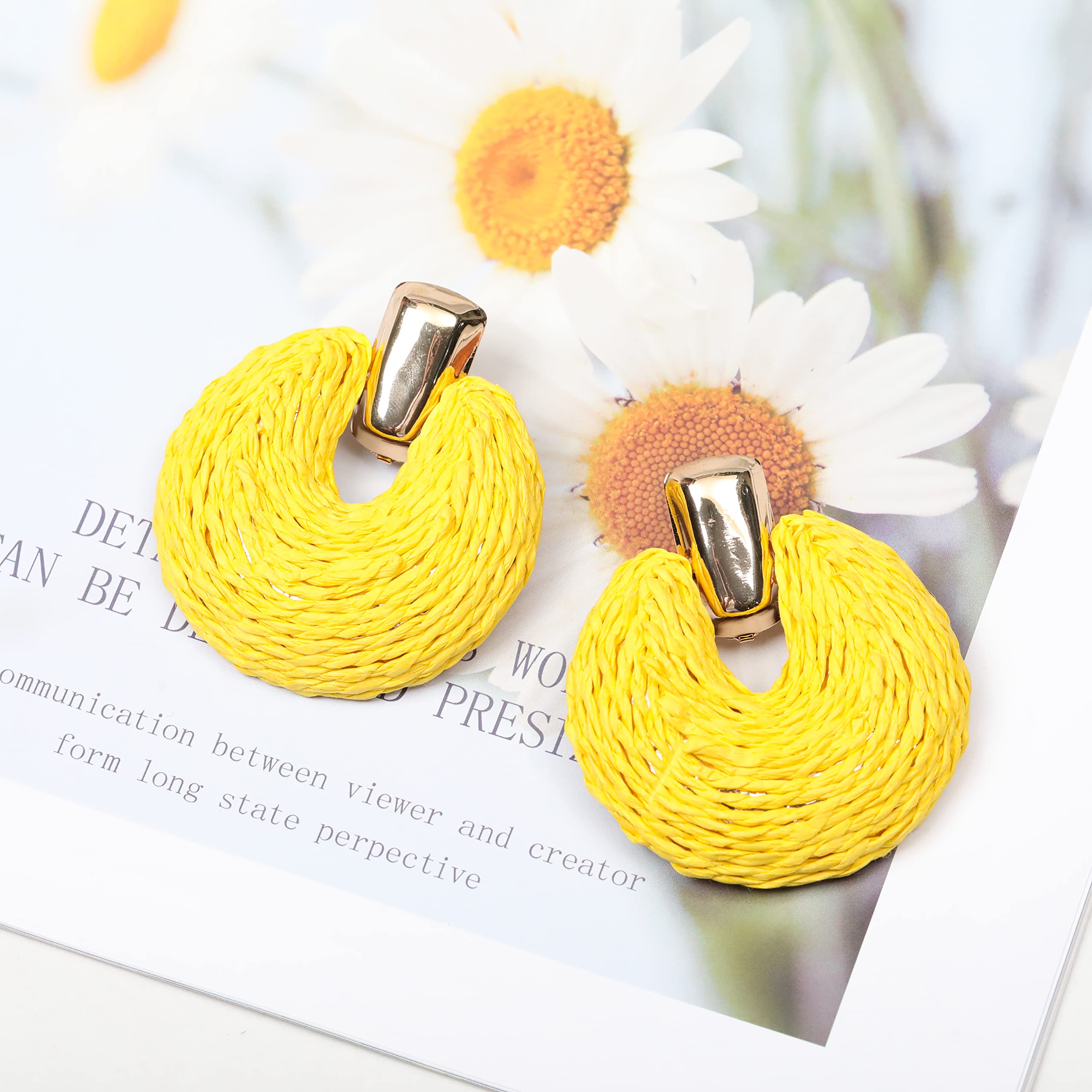 Boho Rattan Statement Earrings for Women – Handmade Raffia Dangling Earrings, Geometric U-Shaped Straw Earrings for Summer & Beach | Perfect for Boho Fashion, Vacations, and Festivals