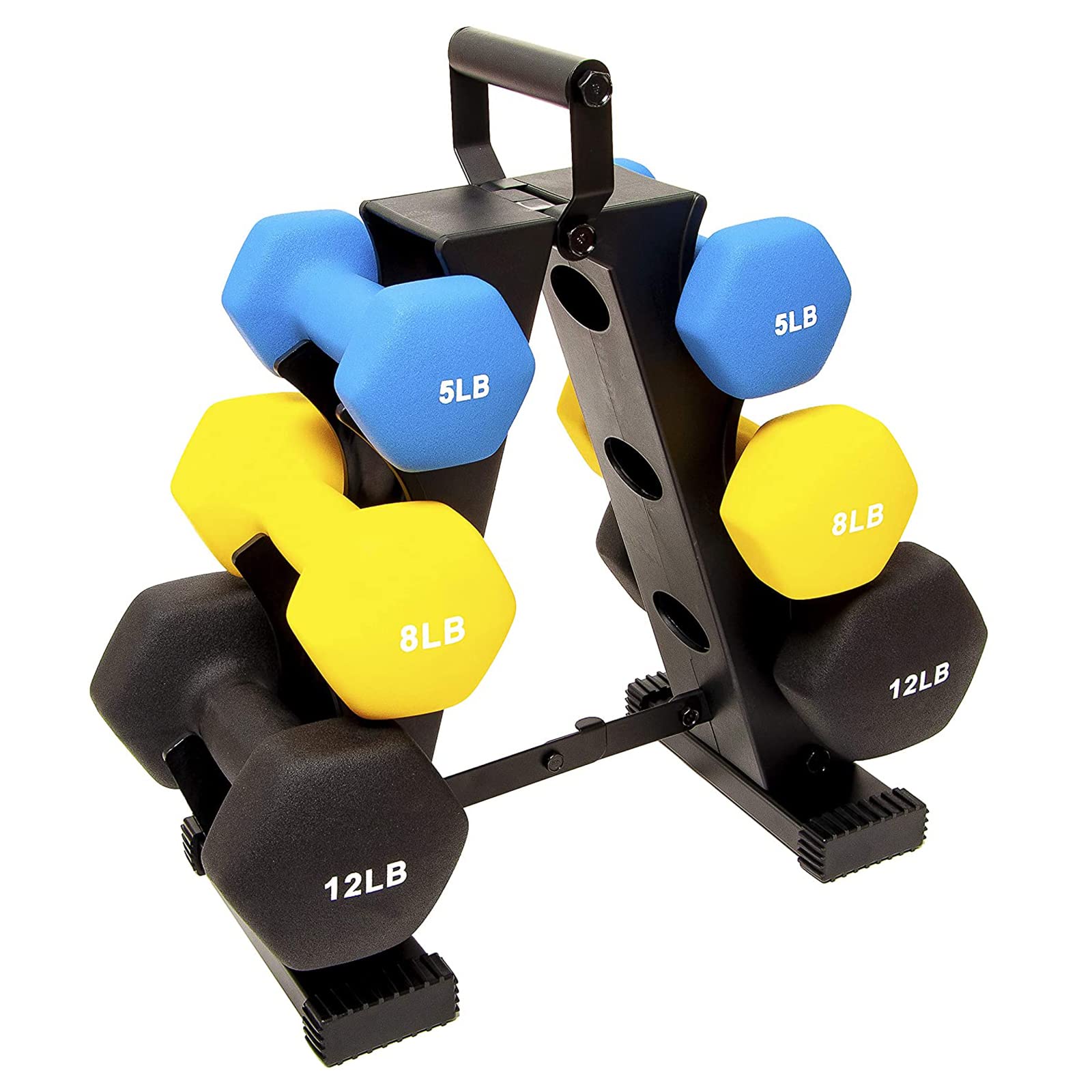 Hexagonal Neoprene Coated Dumbbell Set (5lb, 8lb, 12lb) with Storage Rack - Non-Slip Home Gym Weights for Strength Training, Yoga & Fitness Workouts