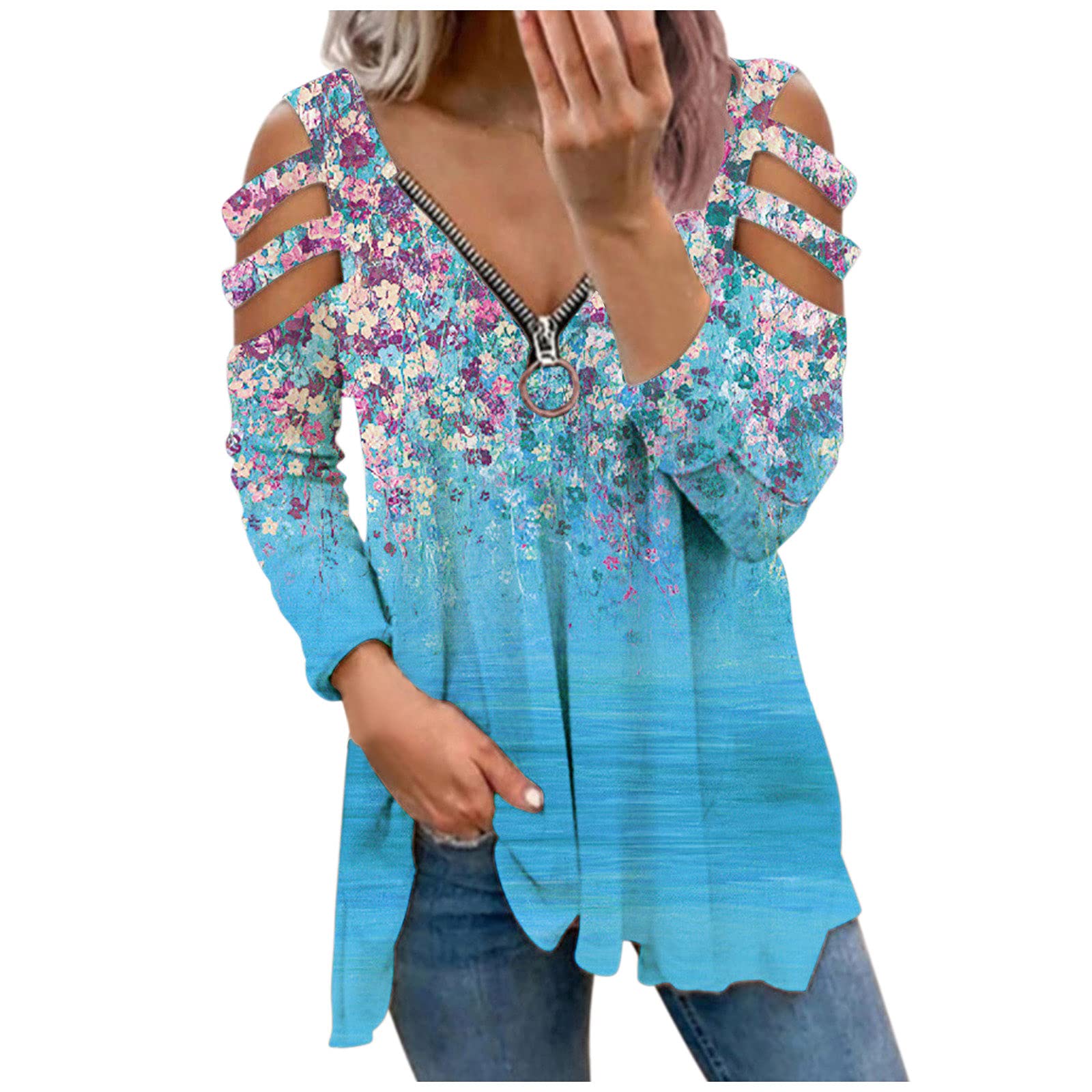 Sexy Women's Zipper V-Neck Long Sleeve Blouse - Off Shoulder Casual Pullover Sweatshirt & Tunic Top - Perfect for Date Night, Club Outfits and Casual Streetwear