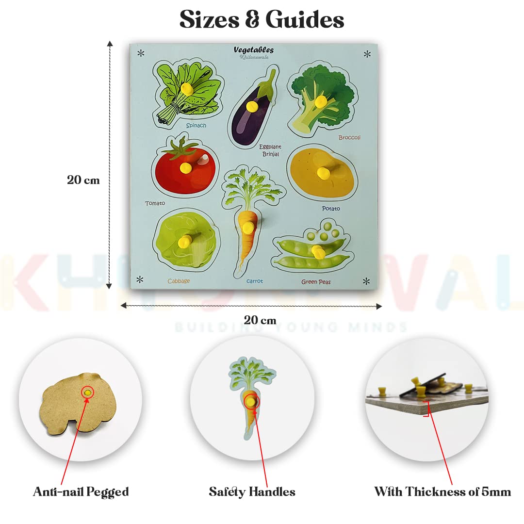 Wooden Vegetable Puzzles for Kids - Educational Learning Toys for Toddlers & Preschoolers, 20cm x 20cm Jigsaw Puzzle - Perfect for Early Childhood Development & Montessori Classroom Activities