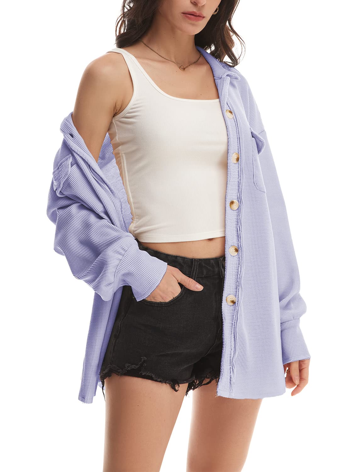 Nirovien Women's Waffle Knit Shacket - Oversized Button Down Shirt Jacket | Lightweight Spring Outfits & Clothes | Perfect for Casual Wear, Layering, and Outdoor Activities