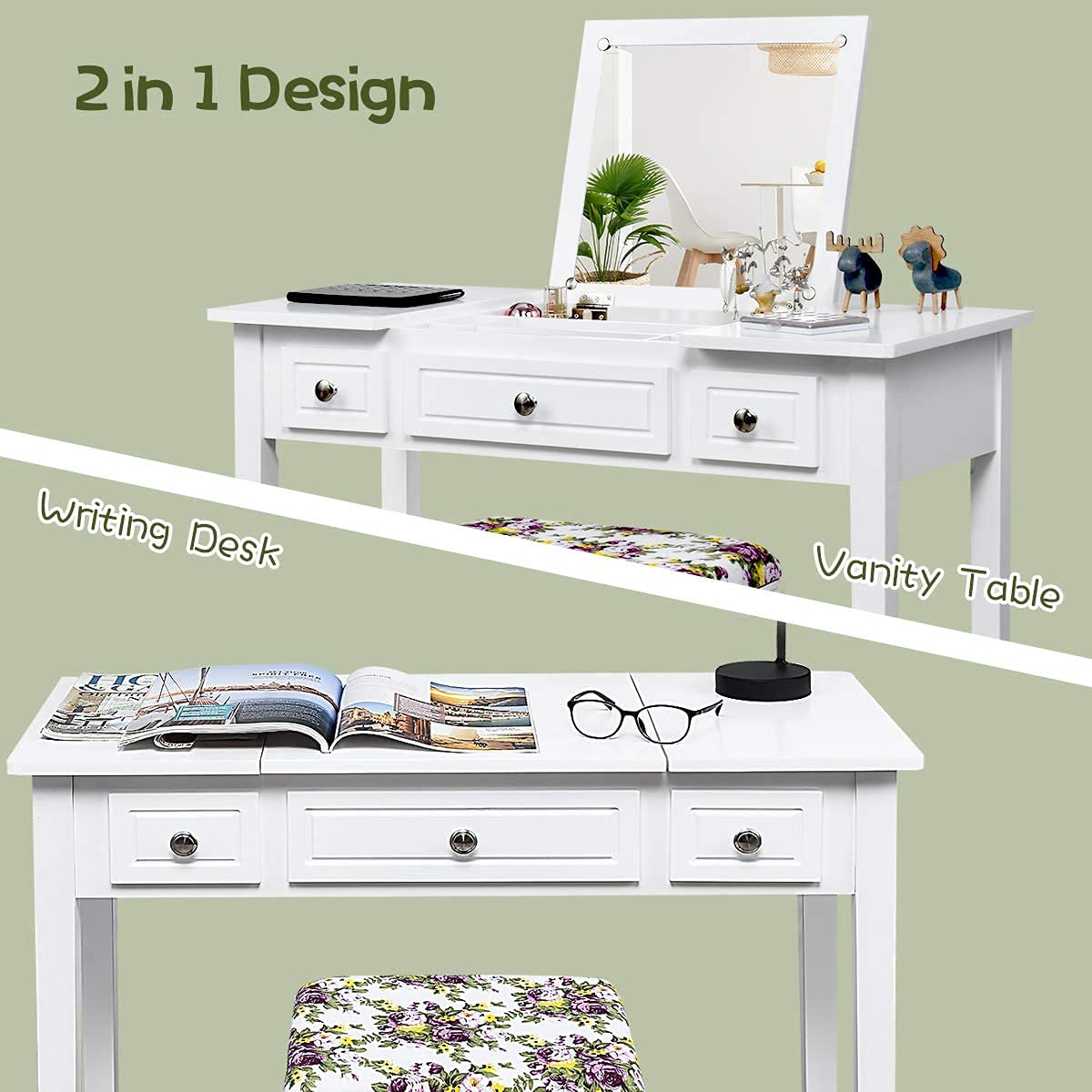 Byroce Vanity Set with Bench - White Dressing Table with Flip Top Mirror, 3 Drawers & 7 Compartments, Makeup Desk & Writing Table with Cushioned Stool for Bedroom, Living Room & Home Office - Perfect for Makeup Application, Skincare Routine, and Elegant Home Decor