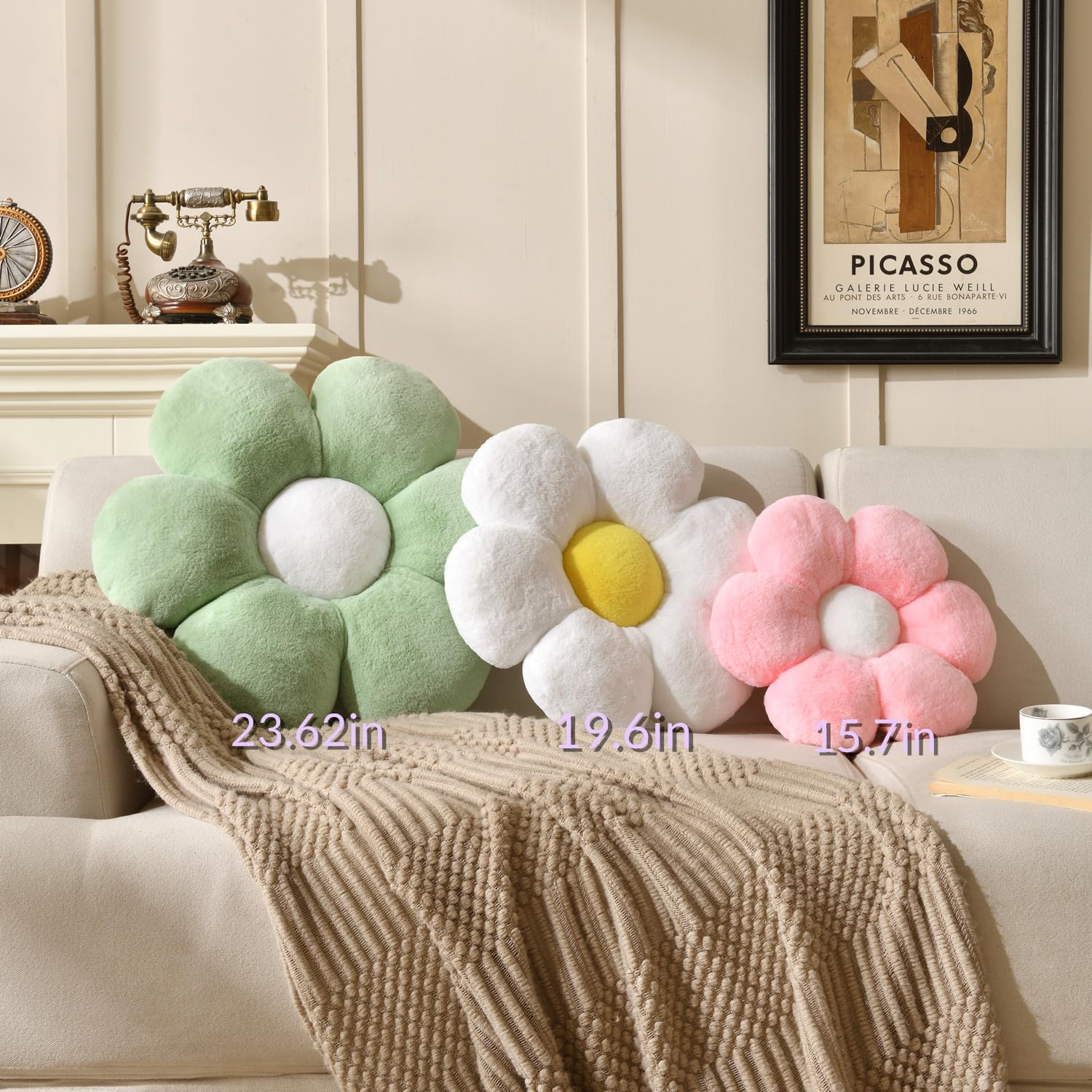 15.7 Inch Daisy Flower Shaped Throw Pillow - Green Decorative Floor Cushion for Sofa, Couch & Bed | Soft Home Decor Accent Pillow for Living Room, Nursery & Outdoor Use