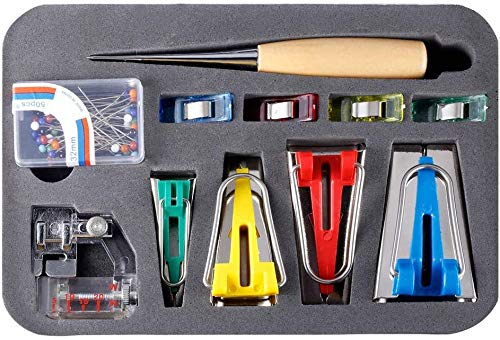 6mm/12mm/18mm/25mm 4-Size Bias Tape Maker Set with Binder Foot - Complete Sewing Kit for Quilting, Binding & DIY Fabric Projects - Includes Sewing Clips & Pins for Easy Fabric Edge Finishing