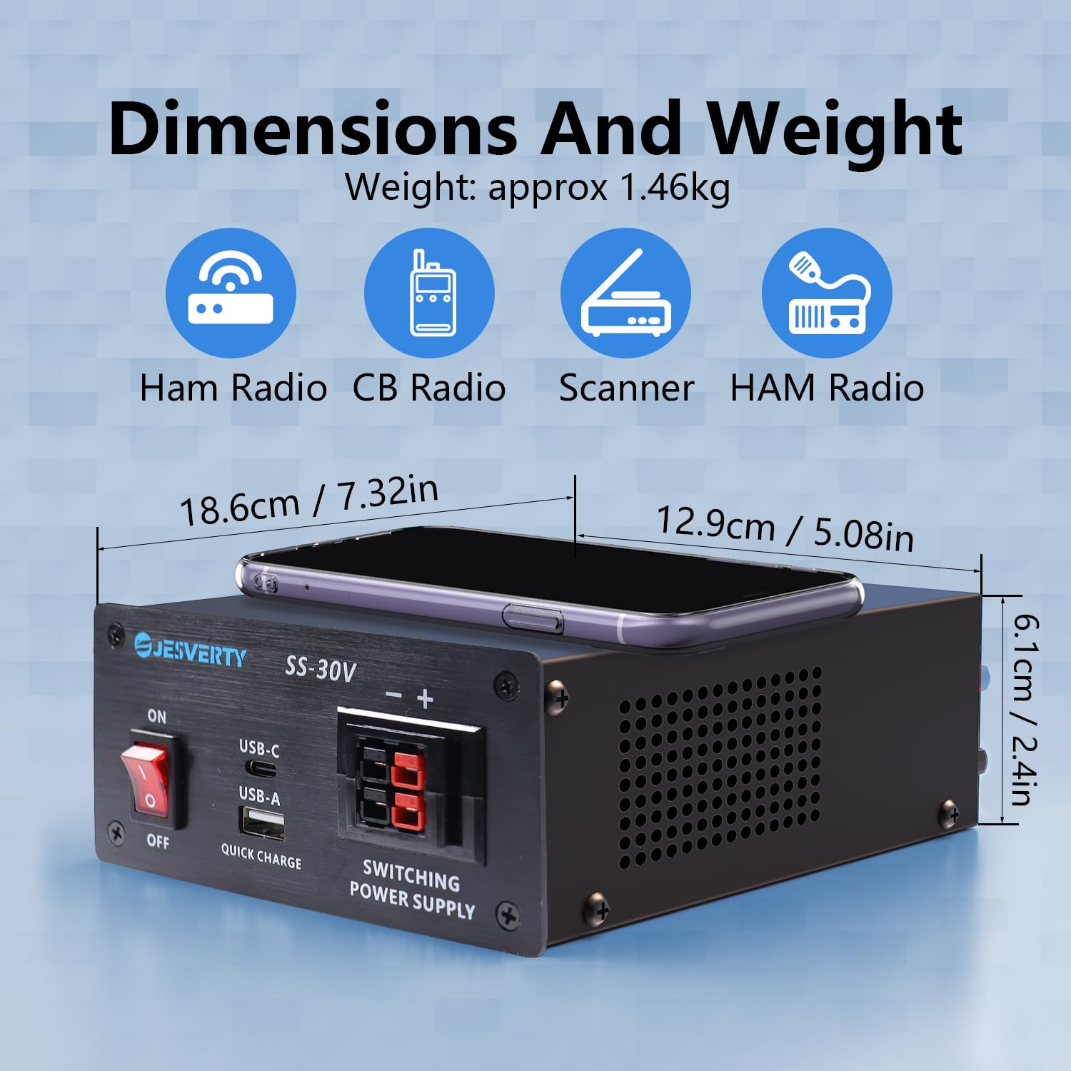 30A DC Regulated Bench Power Supply 13.8V with USB/Type-C Quick Charge - Universal AC-DC Converter for HAM Radio, Electronics Testing & DIY Projects - Compact Design with Anderson Connectors & 1/4