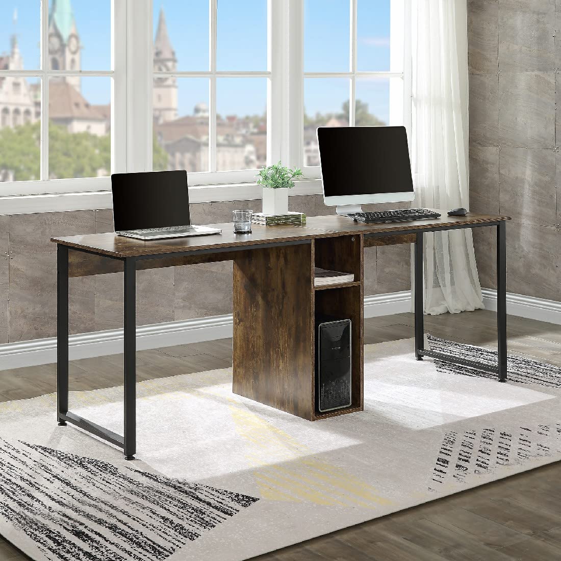 2-Person Home Office Desk - Large Double Workstation with Storage | Modern Writing Desk for Couples & Coworkers | Perfect for Shared Workspaces & Small Offices (Tiger)