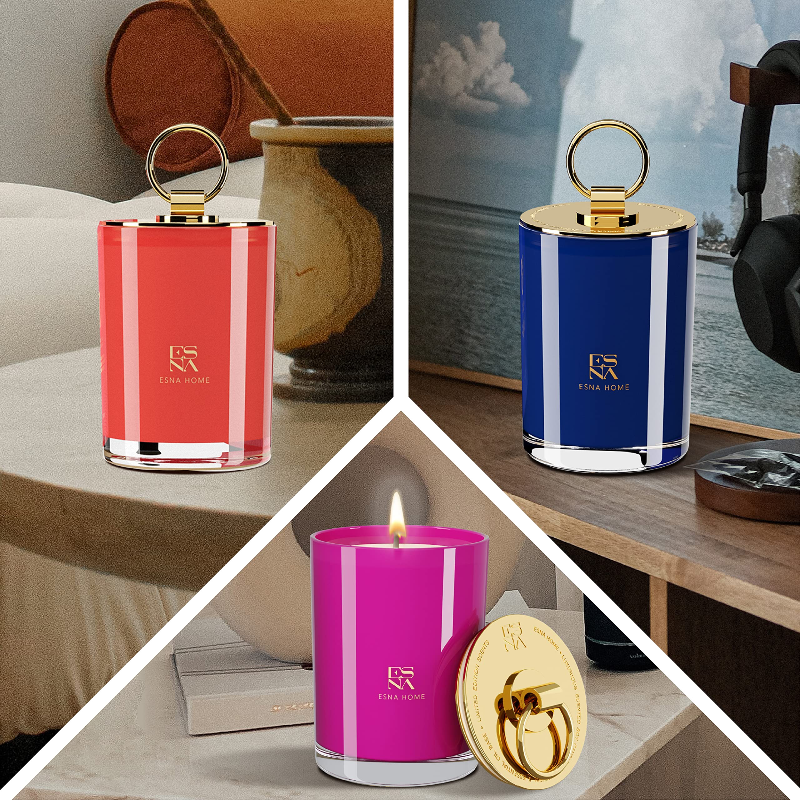 ESNA HOME Luxury Trio Seasonal Gift Set - 3 Full-Size All Natural Soy Aromatherapy Candles (150 Hours Burn Time) | Perfect Housewarming Gifts for Women, Home Decor & Relaxation | Ideal for Living Room, Bedroom & Spa Ambiance