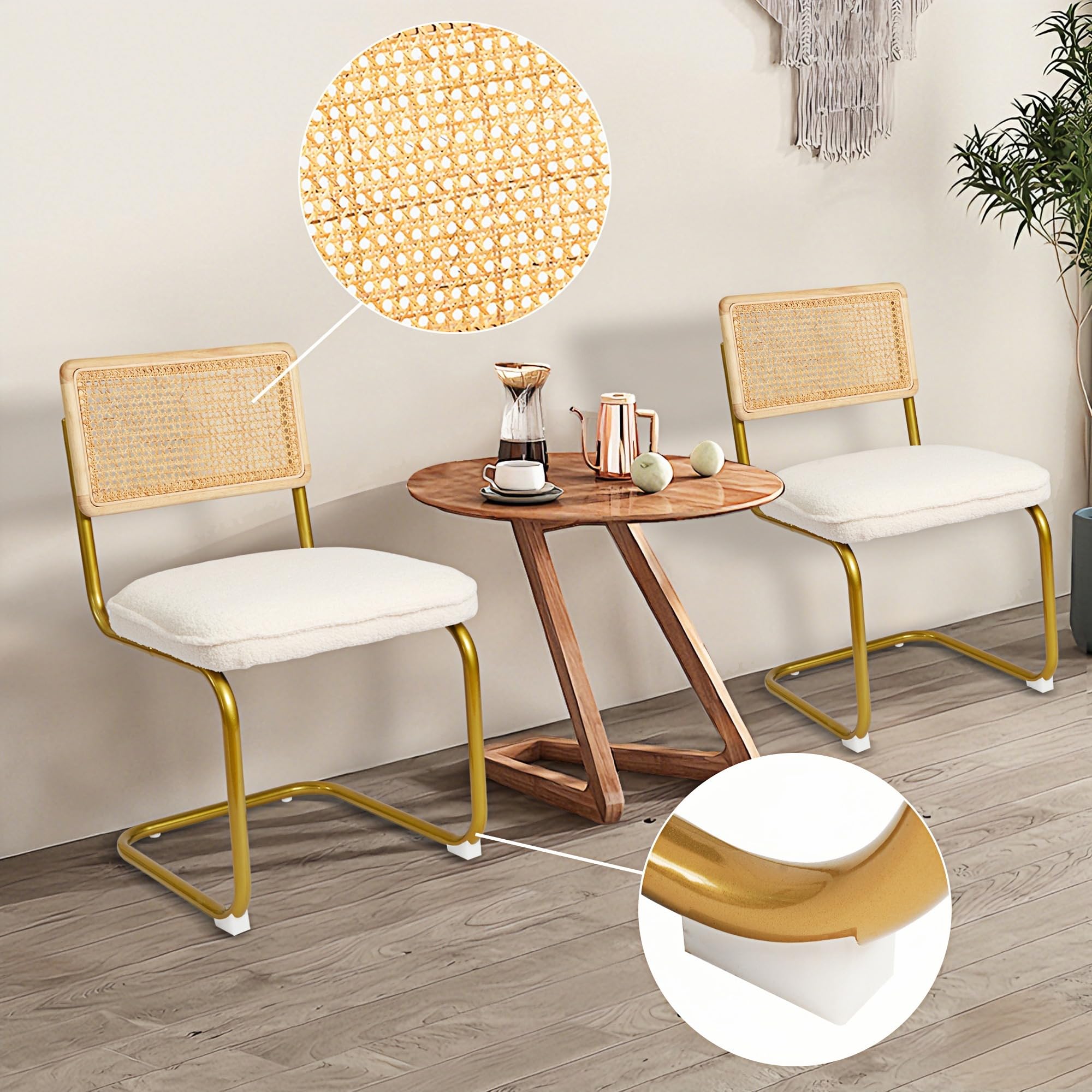 Modern Rattan Dining Chairs Set of 2 - Natural Woven Backrest & Sturdy Metal Legs, Comfortable Fleece Upholstered Armless Side Chairs for Kitchen, Living Room, Study, Office - Cream | Perfect for Home Dining, Coffee Shops, and Cozy Reading Nooks