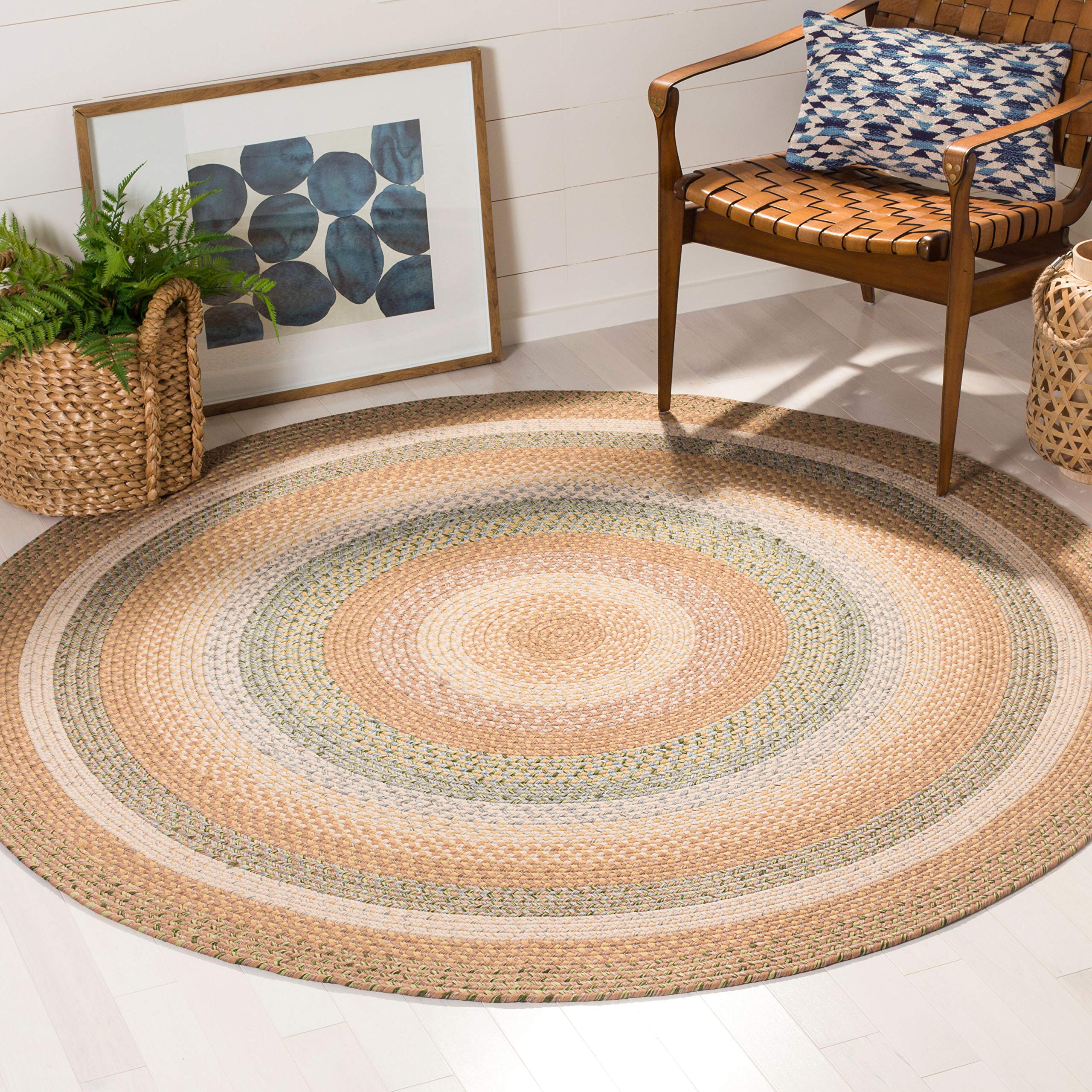 SAFAVIEH Braided Collection 6-Foot Round Tan & Multicolor Reversible Handmade Area Rug BRD314A - Perfect for Country Cottage, Farmhouse, or Boho Chic Living Room Decor