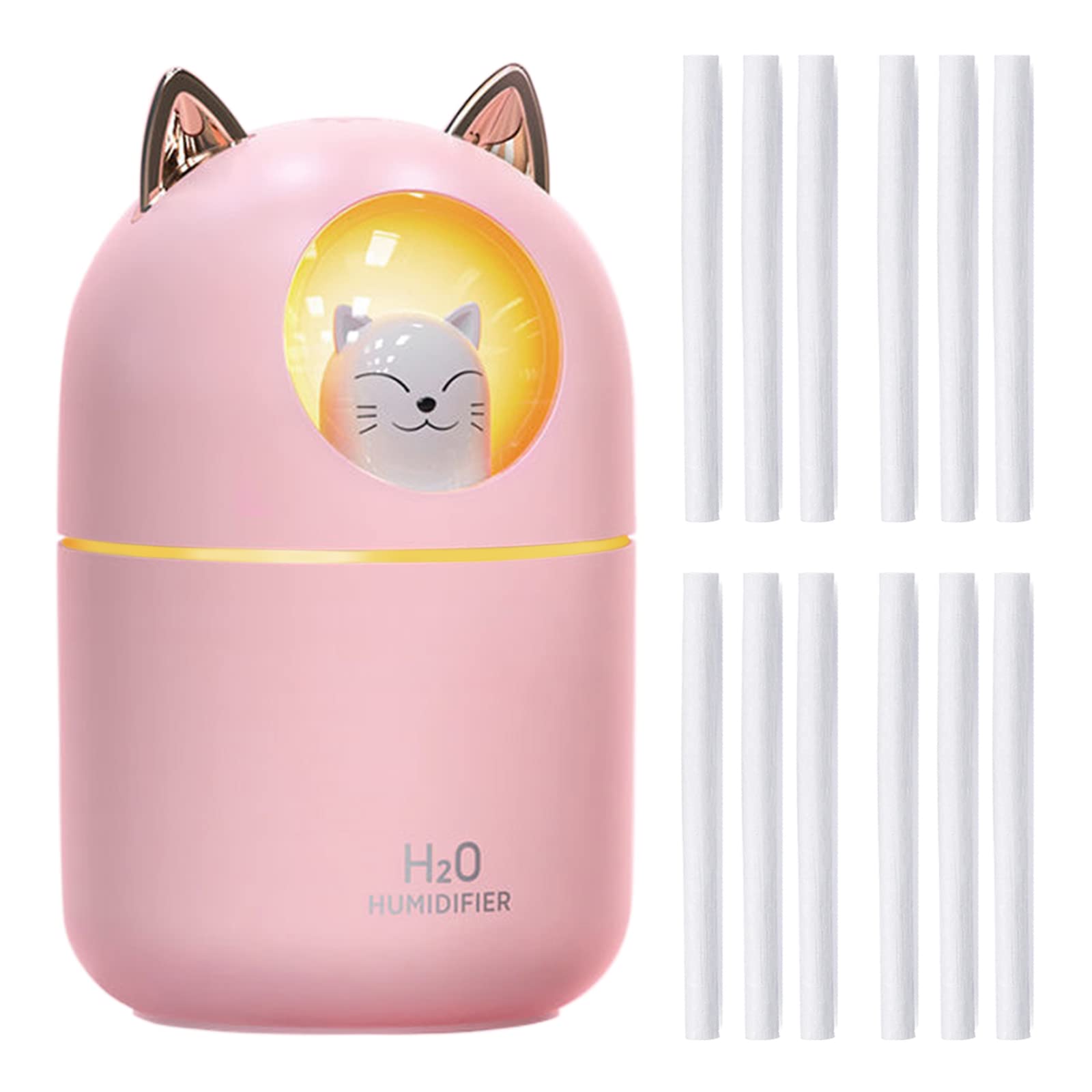 Portable Cool Mist Humidifier with 7-Color Night Light - Small USB Air Humidifier for Bedroom, Office, Desk & Car Travel - Includes 12 Humidifier Sticks & Filter Cotton (Pink) - Perfect for Dry Air Relief, Baby Nurseries & Home Aromatherapy