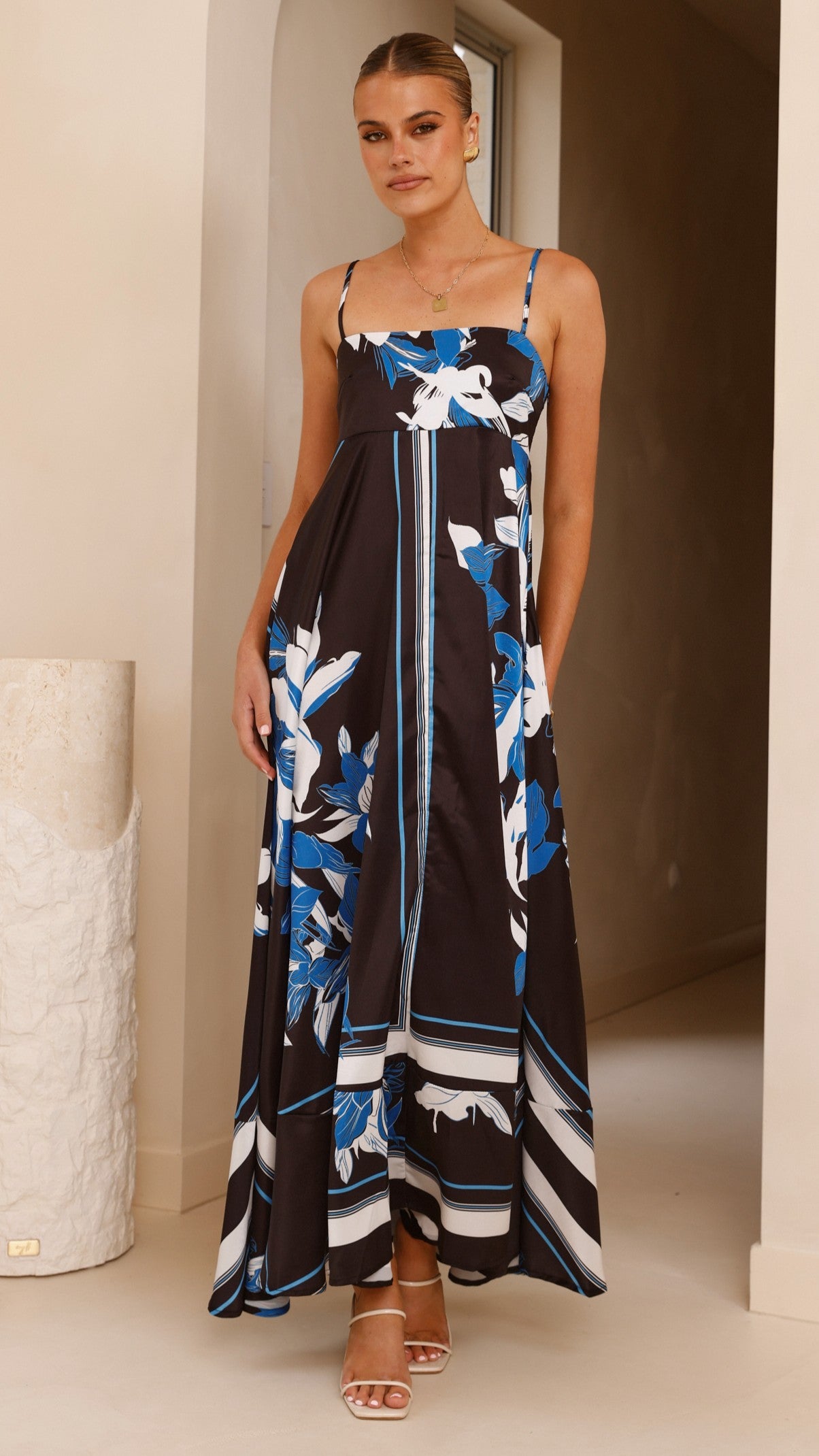 Kaethe Maxi Dress for Women - Flowy Long Summer Dress in Black & Blue | Beach Wedding, Vacation, Party Wear