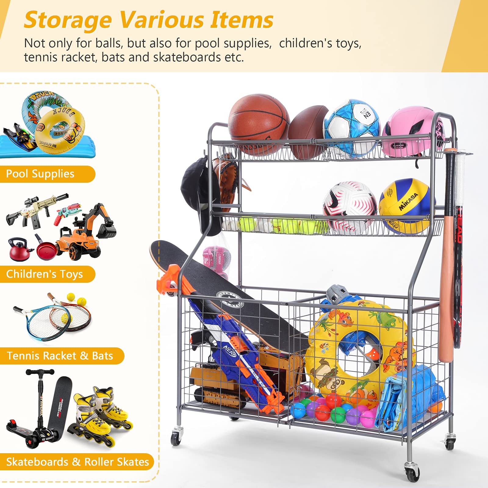 Kinghouse Heavy-Duty Steel Garage Sports Equipment Organizer - Ball Storage Rack & Toy Organizer with Wheels for Nerf Guns, Basketballs, Soccer Balls - Perfect for Garage, Playroom & School Organization (Grey)