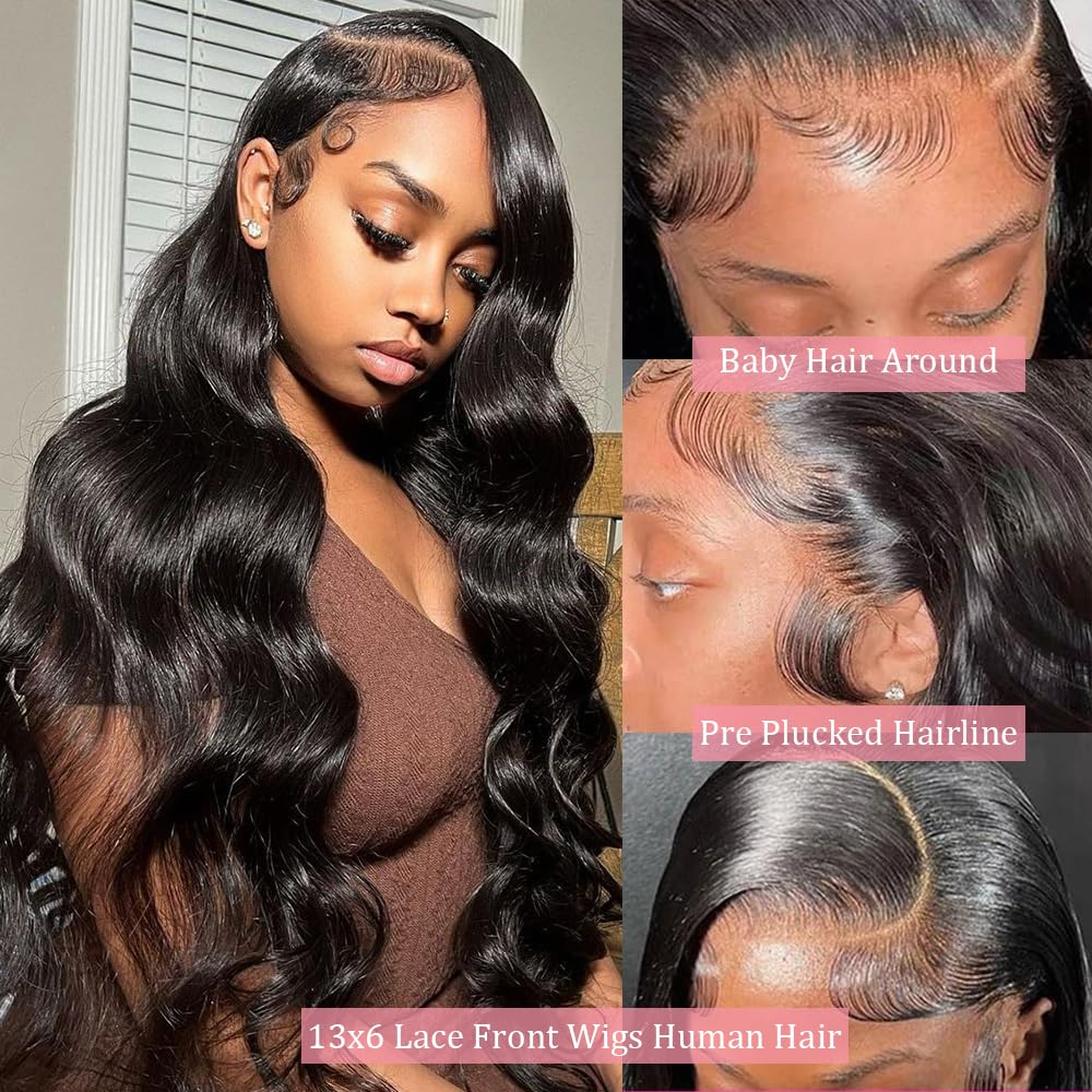 13x6 HD Lace Front Human Hair Wigs 200% Density Body Wave Pre-Plucked with Baby Hair - Glueless Natural Black Wig for Women (28 Inch) | Perfect for Daily Wear, Cosplay & Special Occasions