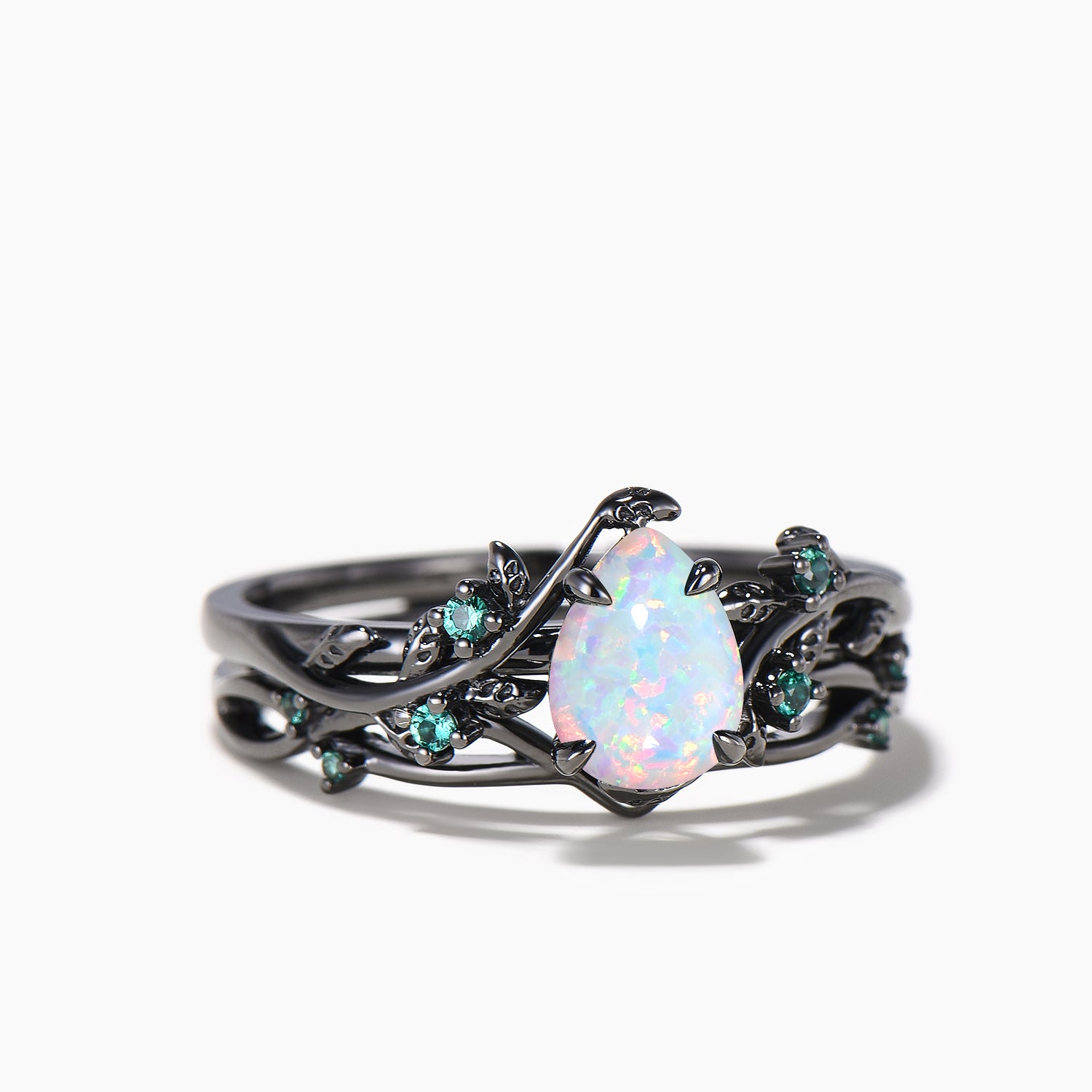 Teardrop Opal Nature Inspired Engagement Ring - Emerald Leaf Gothic Black Bridal Wedding Set for Women | Perfect for Boho, Vintage & Alternative Wedding Jewelry