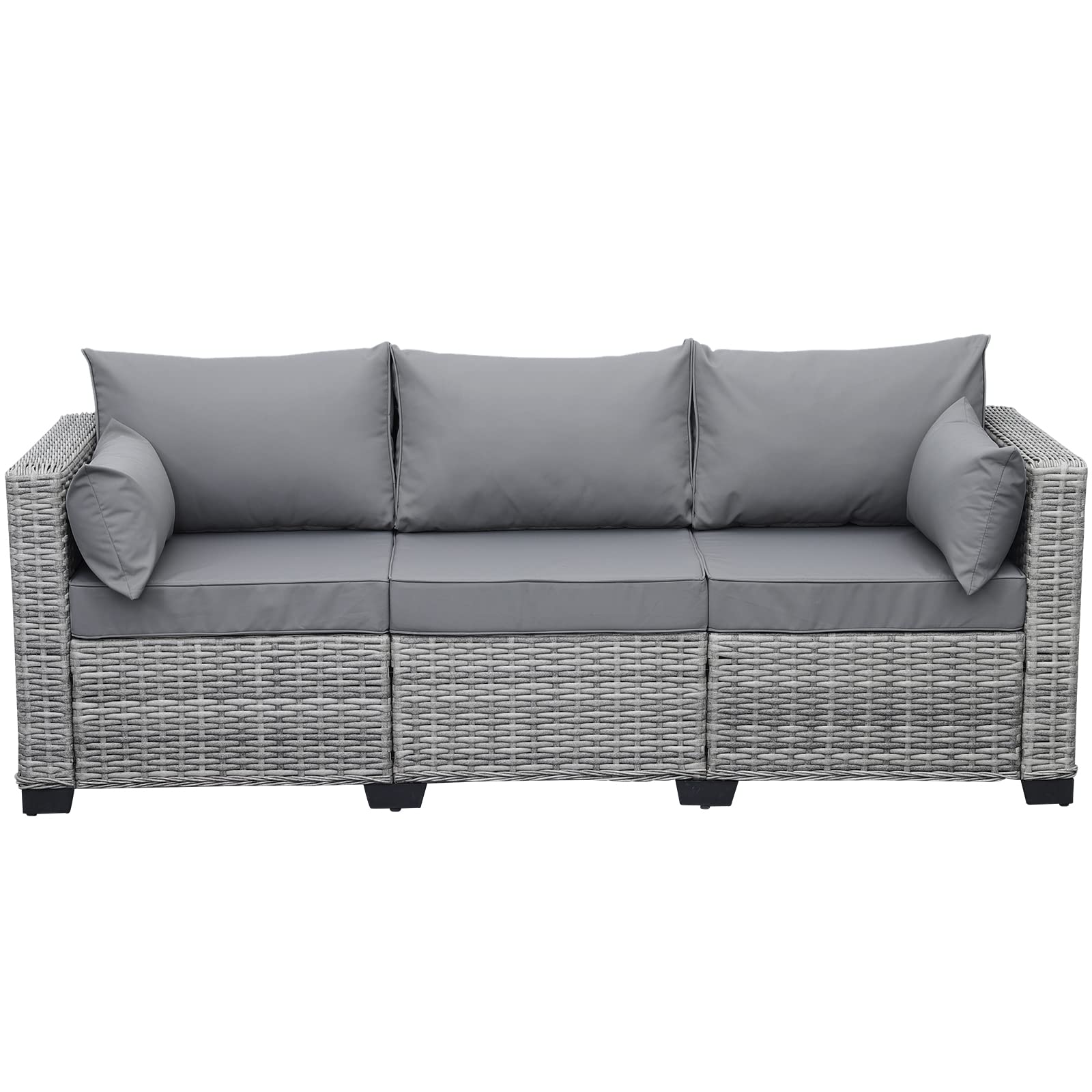 Rattan Outdoor Furniture 3-Seater Patio Sofa - Grey Wicker Deep Seat Couch with High Backrest, Waterproof Cover & Anti-Slip Cushions for Garden, Poolside, and Backyard Relaxation