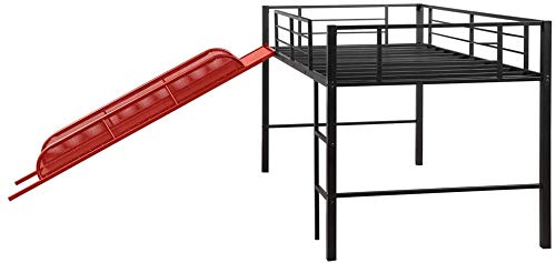 **Metal Twin Low Loft Bed with Slide & Guardrails for Kids - Safe Toddler Bed for Boys & Girls, No Box Spring Needed, Space-Saving Multifunctional Design (Red) - Perfect for Small Bedrooms, Playrooms & Dorm Decor**