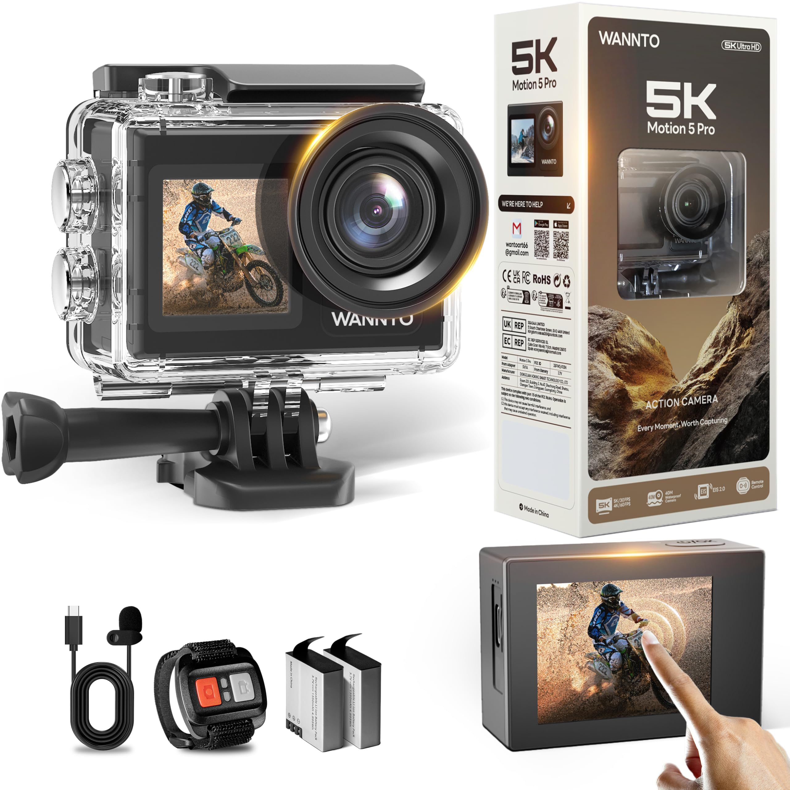 WANNTO 5K Action Camera 40M Waterproof Underwater Camera 24MP WiFi 170° Wide Angle Dual Screen EIS, Touch Screen, with External Mic, 2x1350mAh Batteries (Motion 5 Pro) - Perfect for Vlogging, Diving, Surfing & Outdoor Adventures