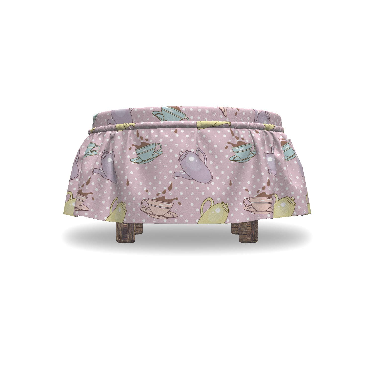 Ambesonne Tea Party Ottoman Cover Set - 2 Piece Polka Dot Slipcovers with Ruffle Skirt for Square/Round Footstools | Standard Size in Lilac, Turquoise & Pale Green | Perfect for Living Room Decor, Nursery Accent & Cozy Home Styling
