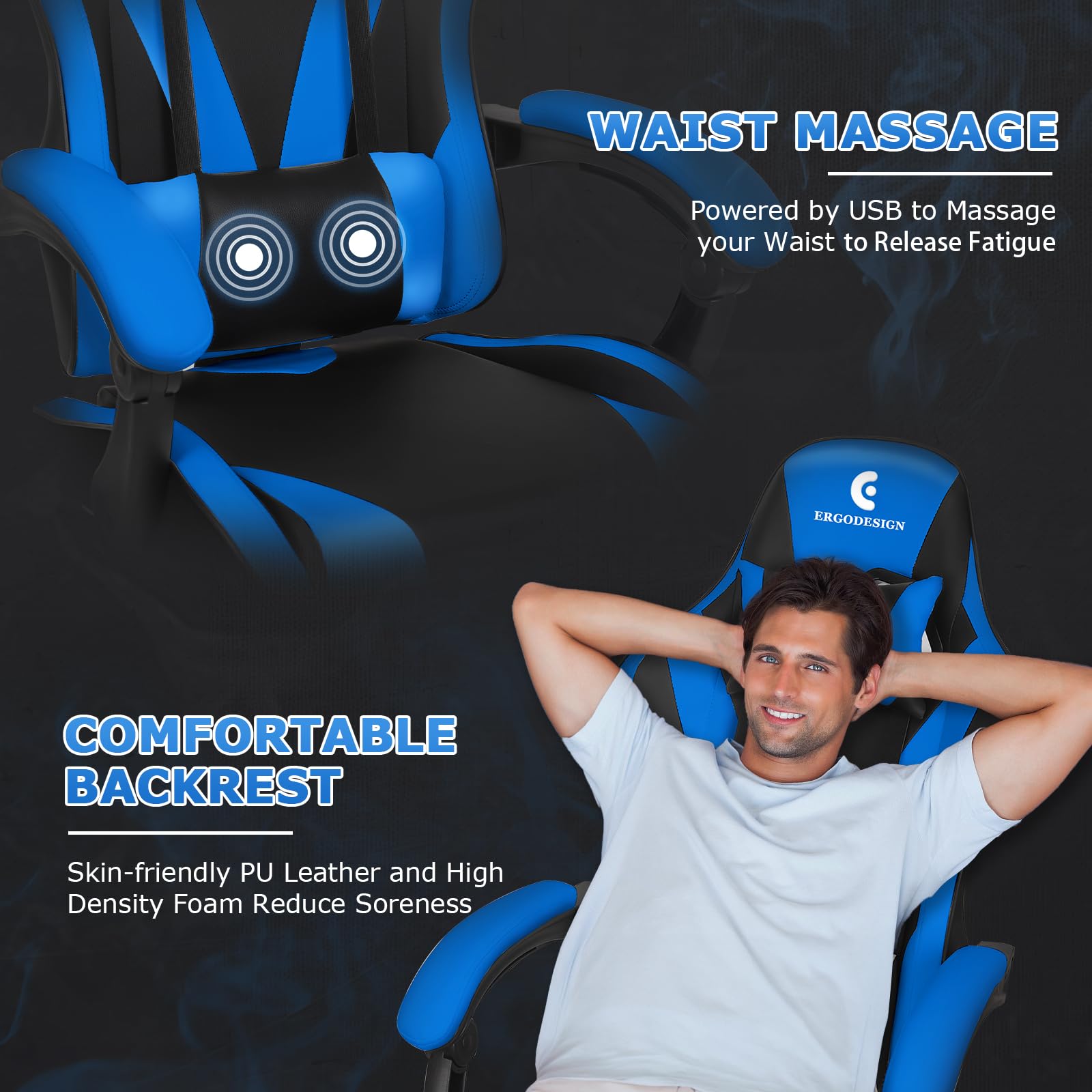 Premium Gaming Chair with Adjustable Linkage Armrest & Footrest - Ergonomic High Back Video Game Chair for PC & Console Gamers - Black & Blue - Perfect for Esports, Streaming & Long Gaming Sessions